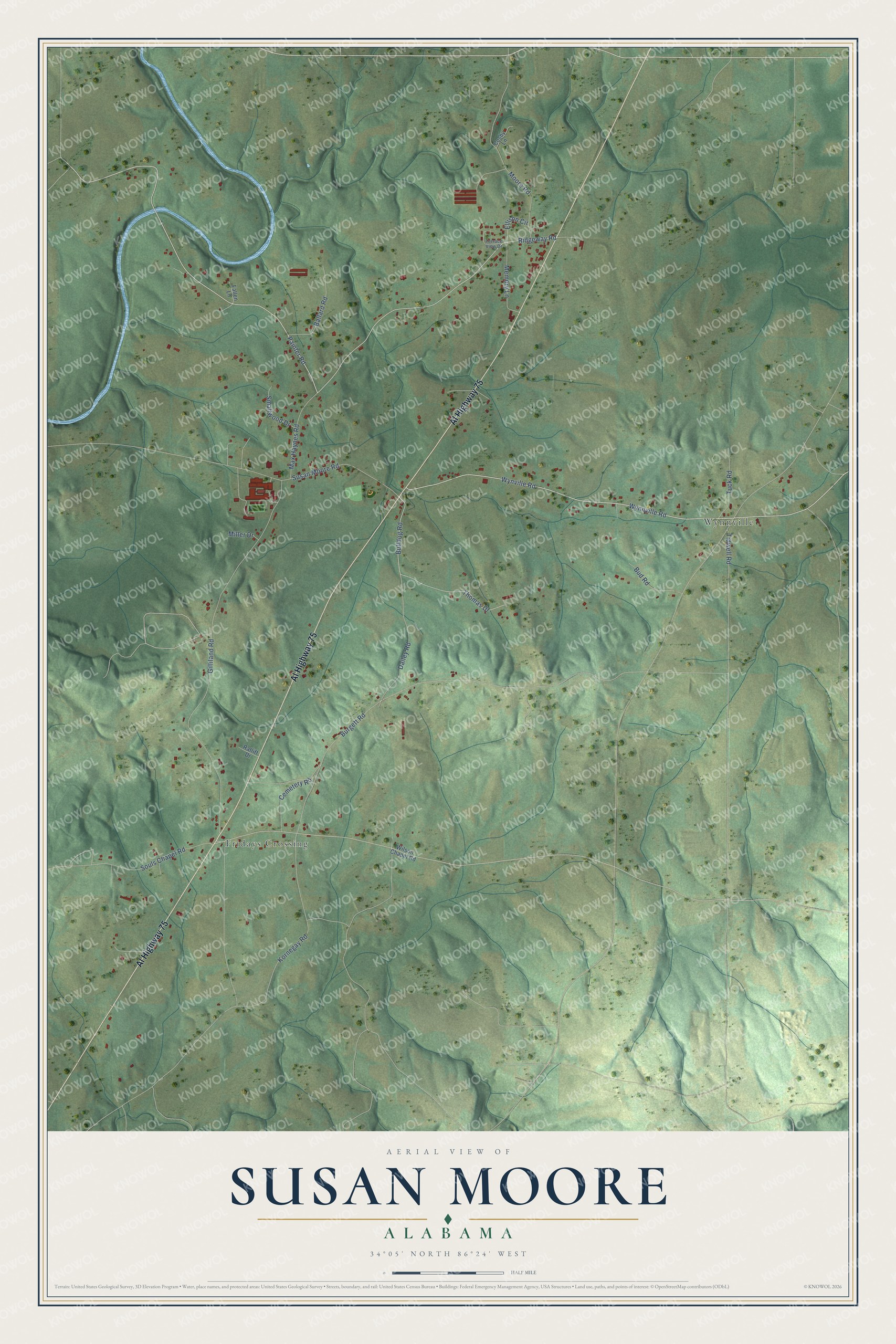 Full map of Susan Moore, Alabama, with red buildings, printed street names and the land around them