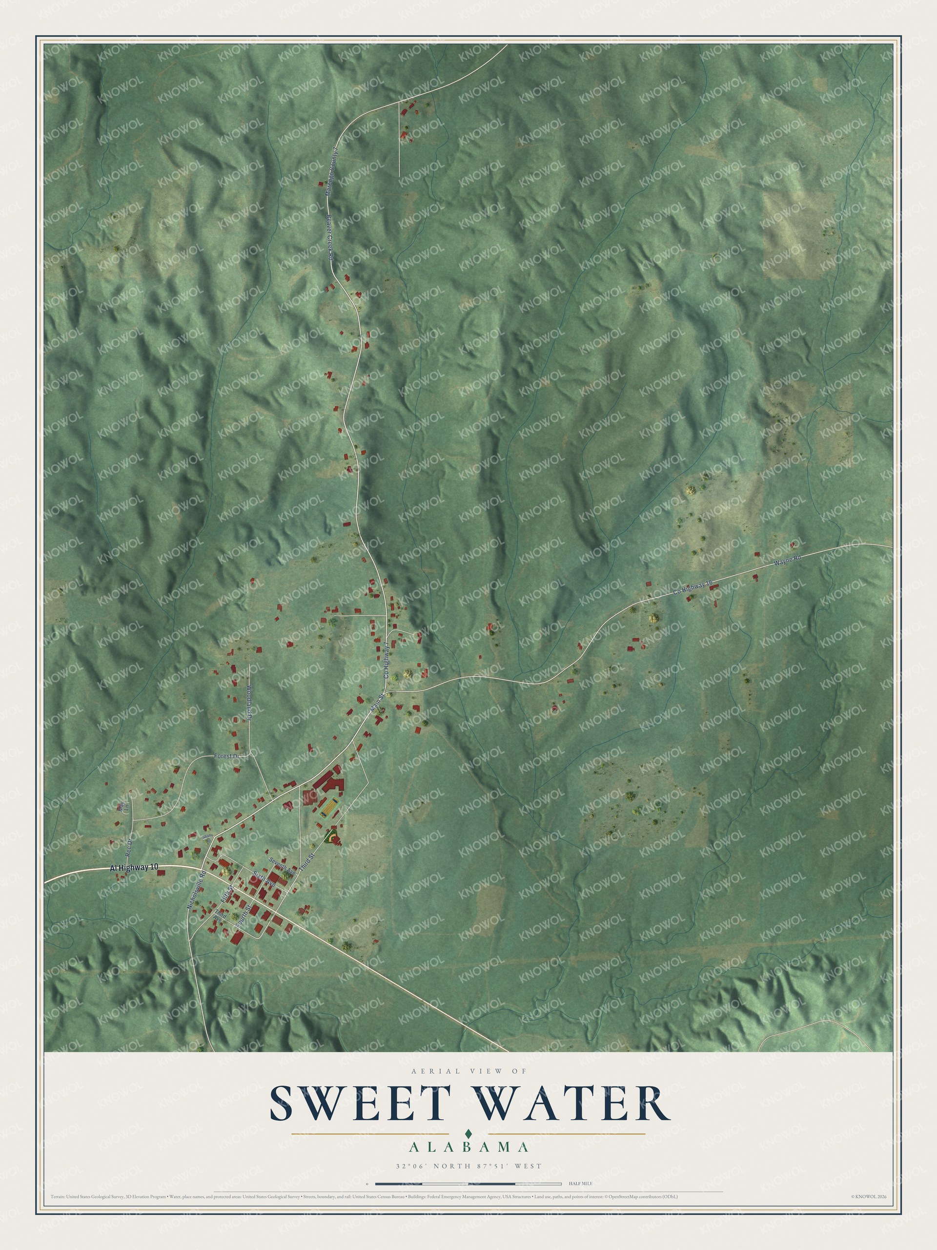 Full map of Sweet Water, Alabama, with red buildings, printed street names and the land around them