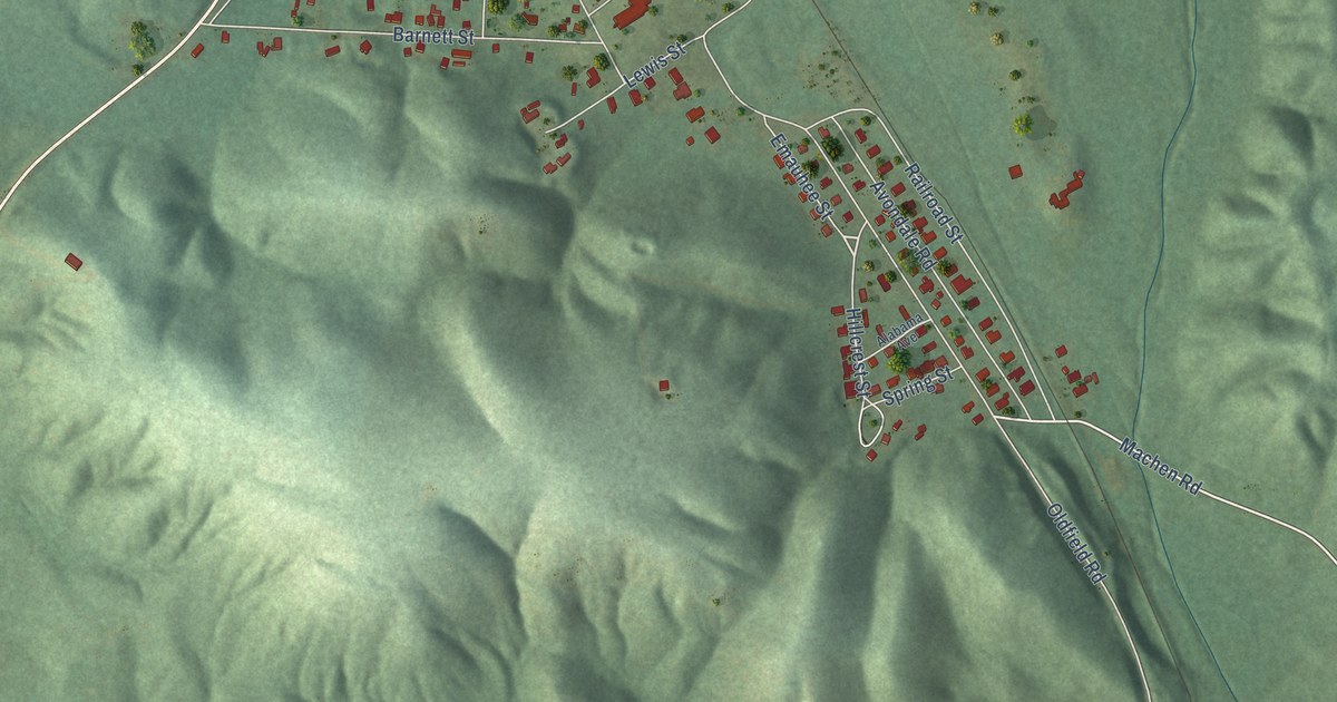 Close-up of streets and buildings in Sycamore, Alabama