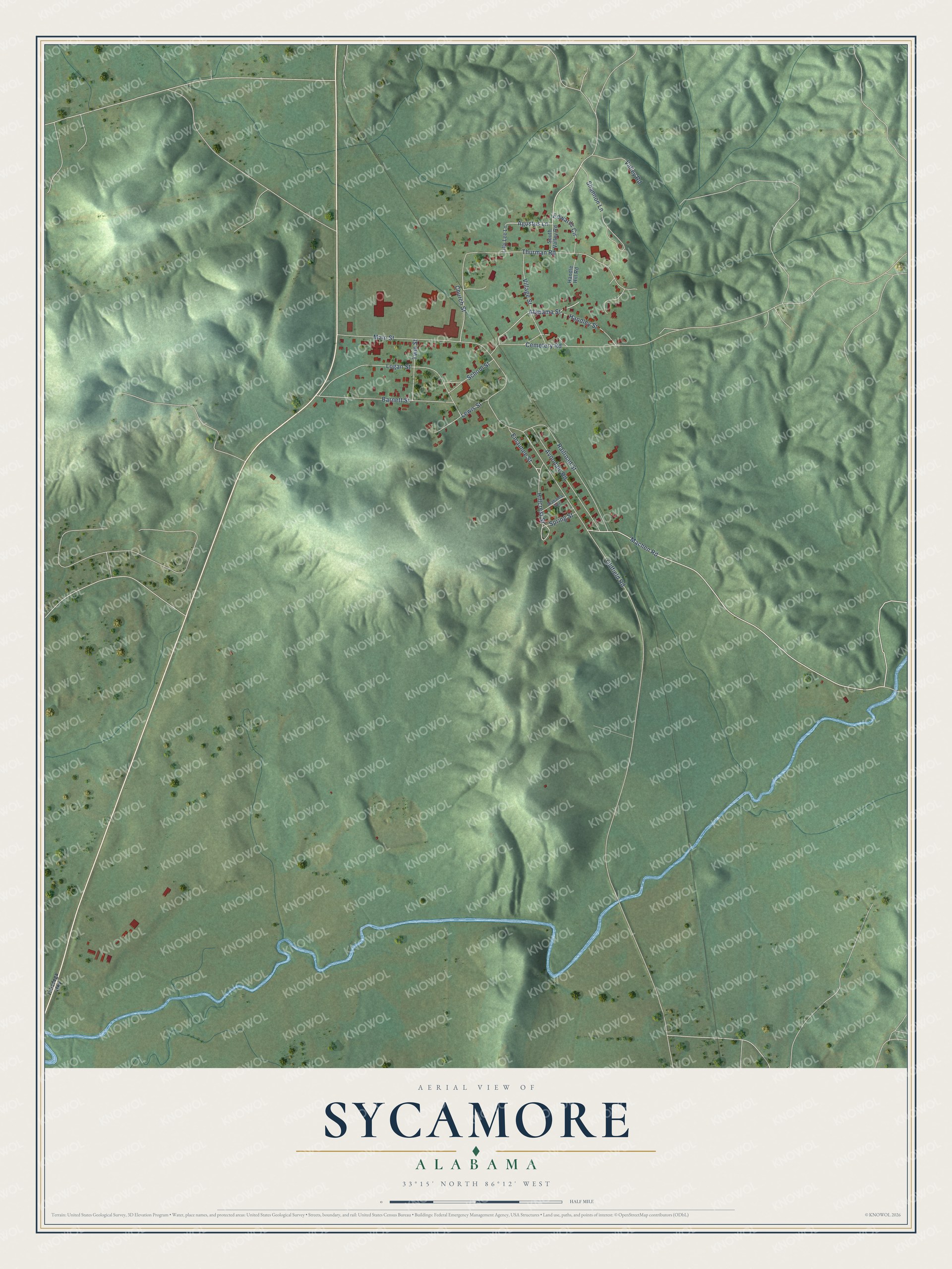 Full map of Sycamore, Alabama, with red buildings, printed street names and the land around them