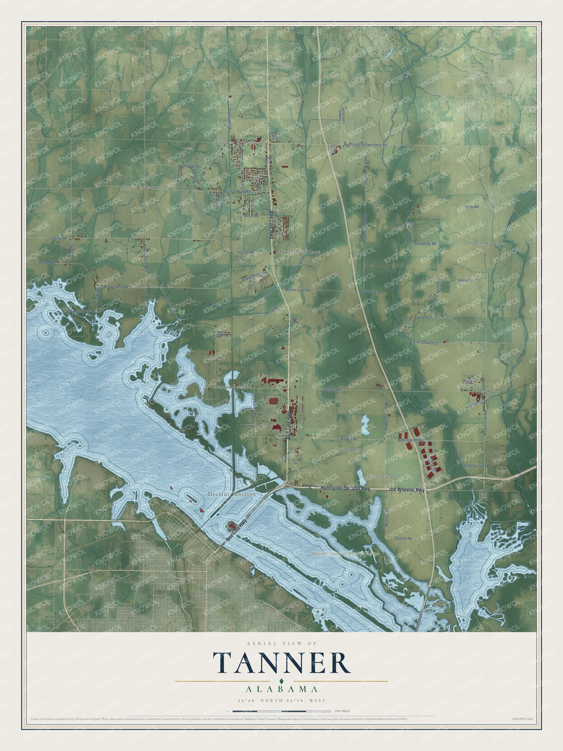 Full map of Tanner, Alabama, with red buildings, printed street names and the land around them