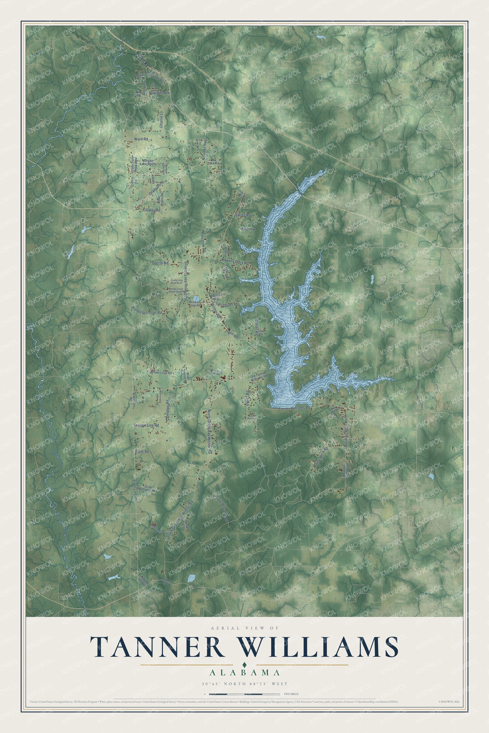 Full map of Tanner Williams, Alabama, with red buildings, printed street names and the land around them