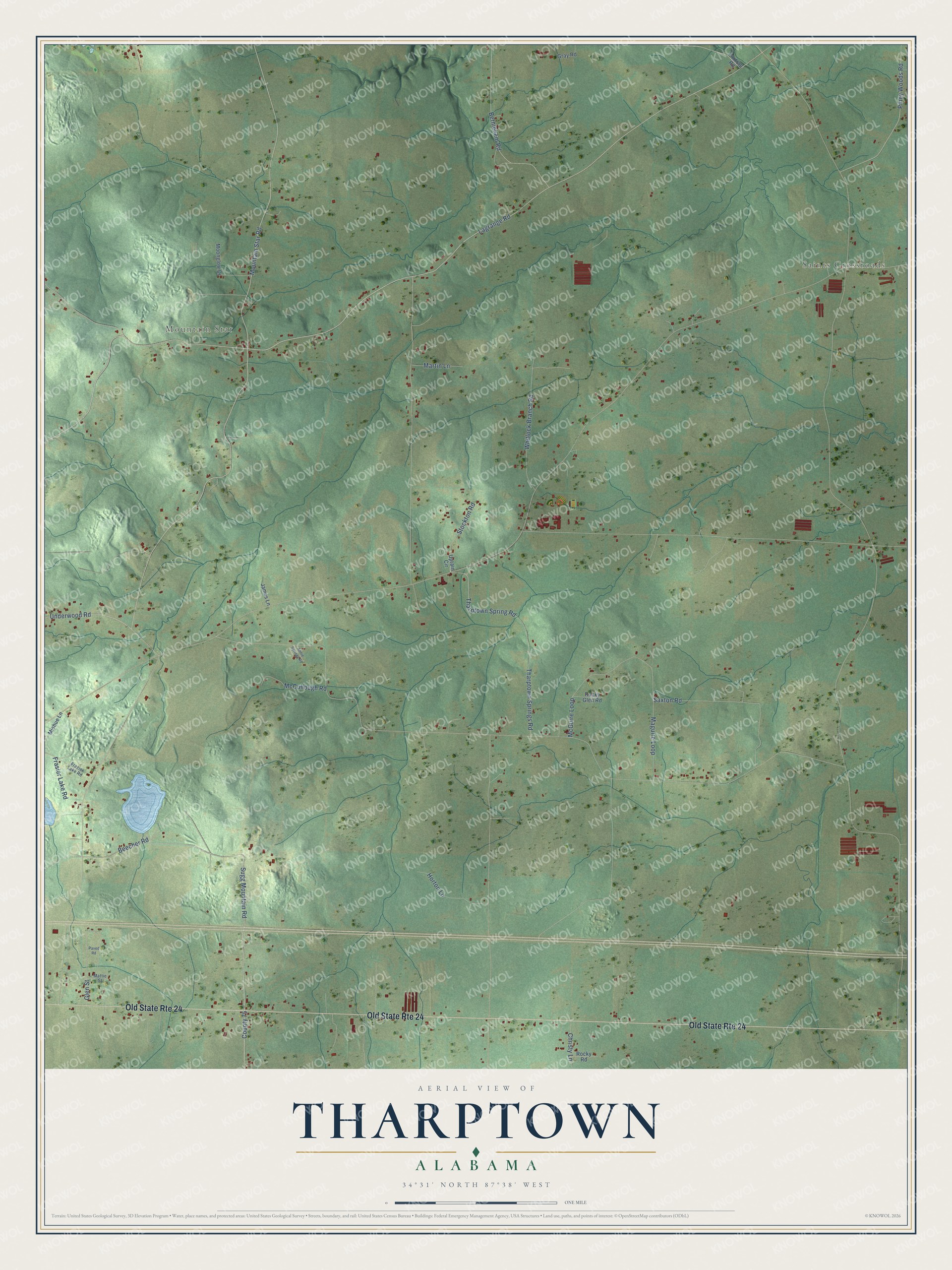 Full map of Tharptown, Alabama, with red buildings, printed street names and the land around them