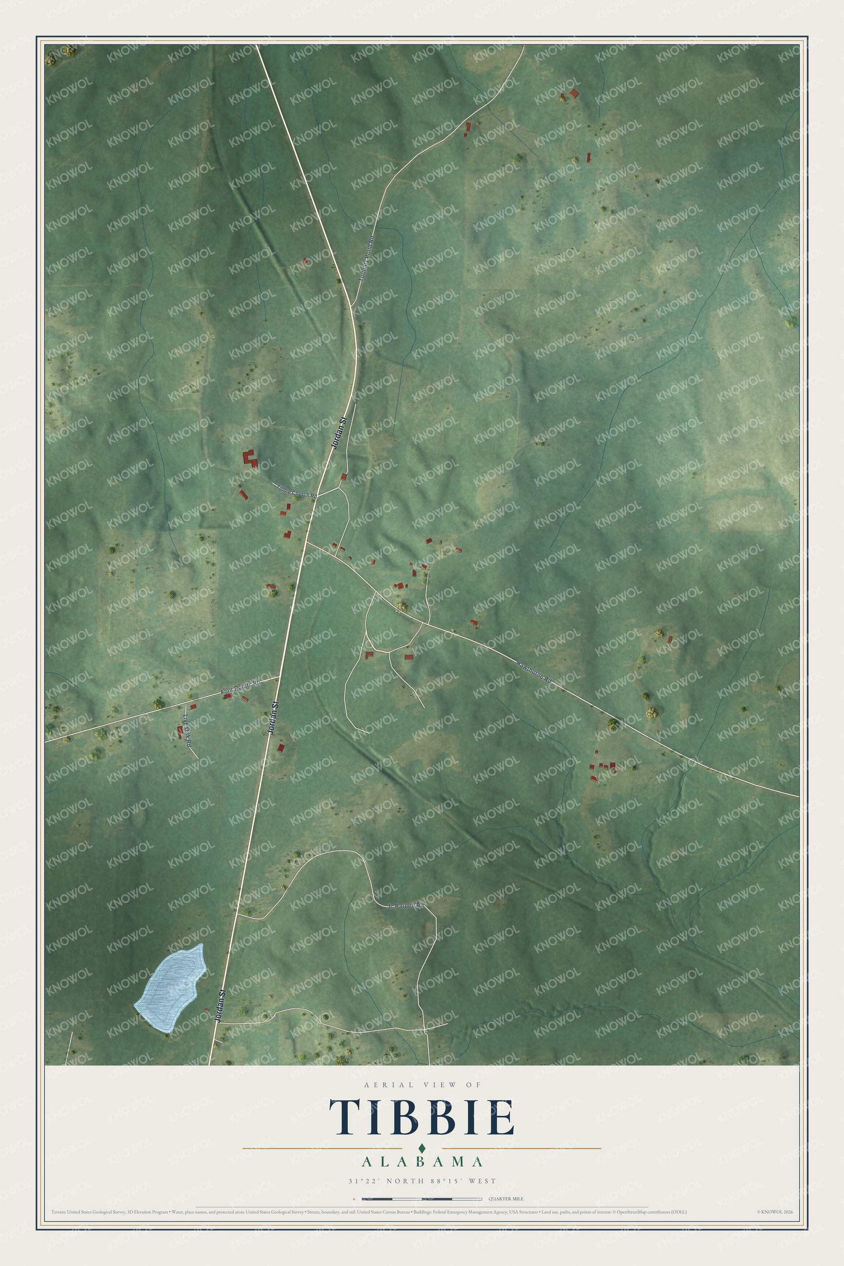 Full map of Tibbie, Alabama, with red buildings, printed street names and the land around them