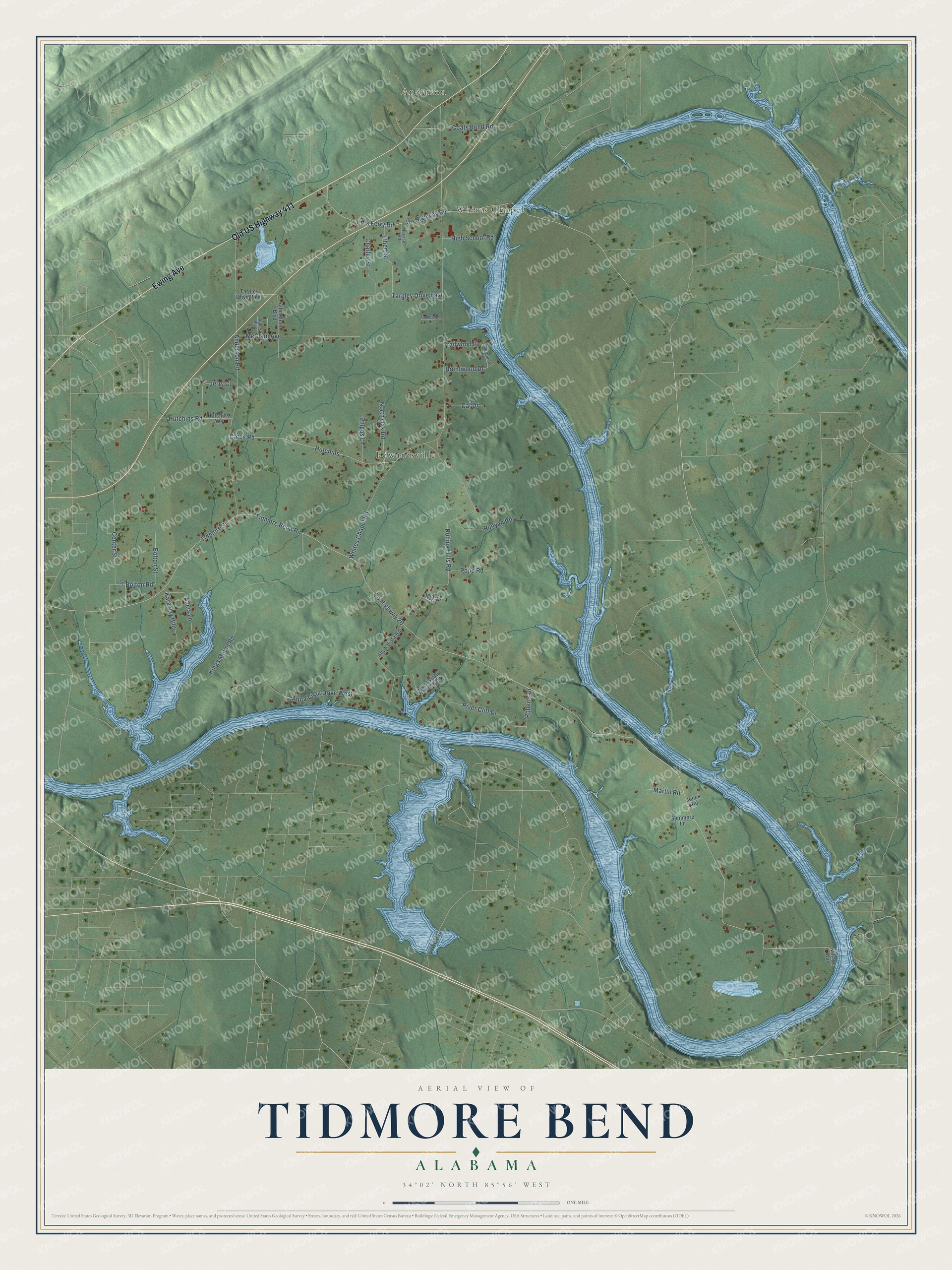 Full map of Tidmore Bend, Alabama, with red buildings, printed street names and the land around them