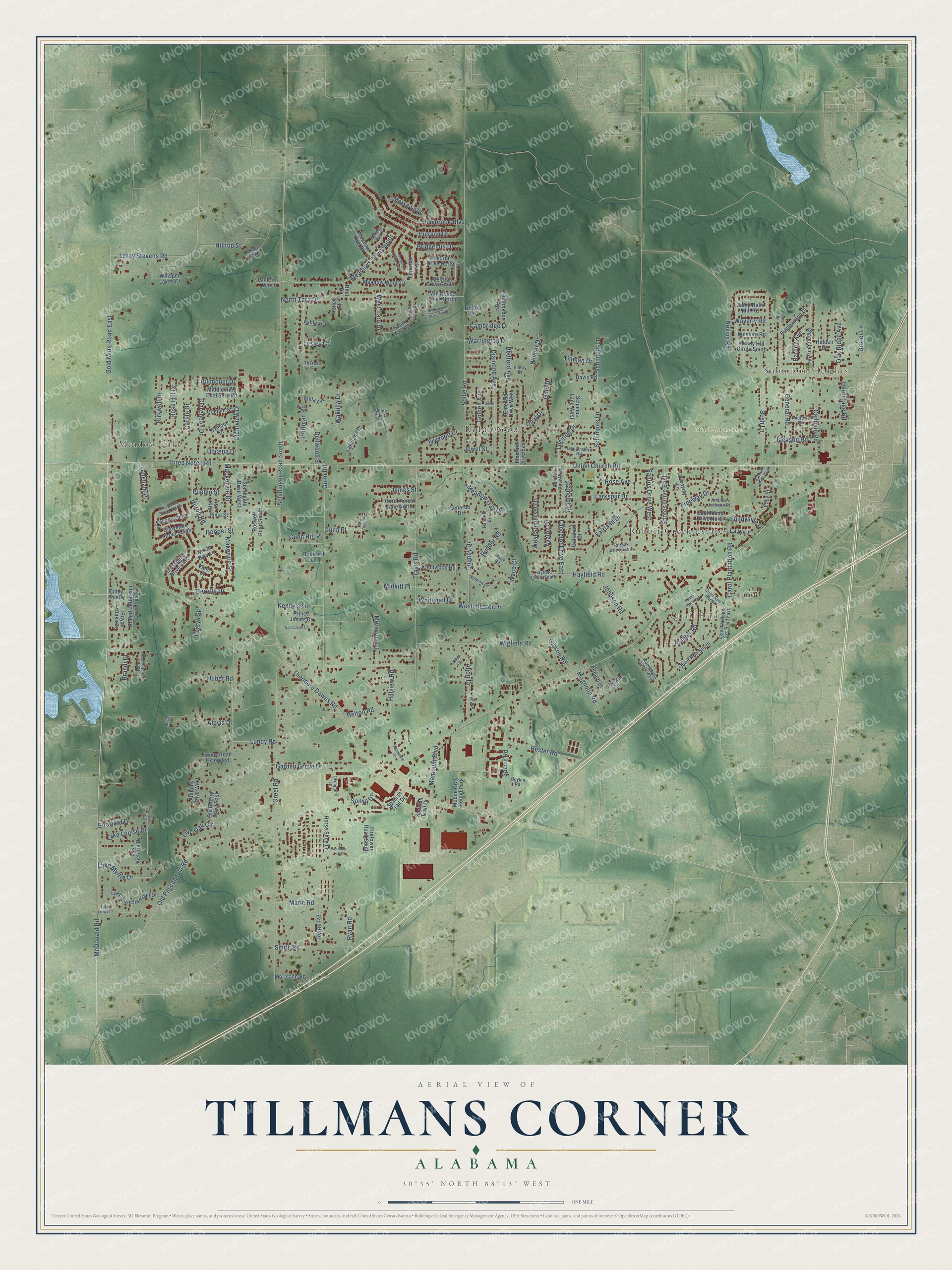 Full map of Tillmans Corner, Alabama, with red buildings, printed street names and the land around them