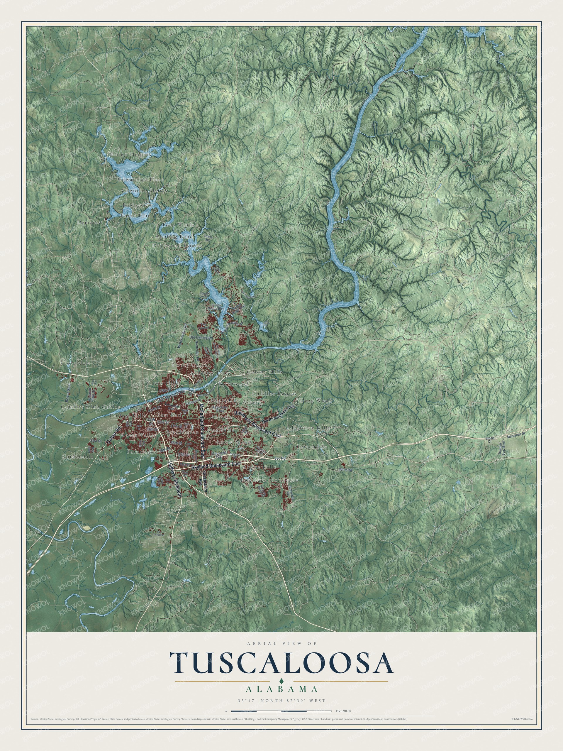 Full map of Tuscaloosa, Alabama, with red buildings, printed street names and the land around them