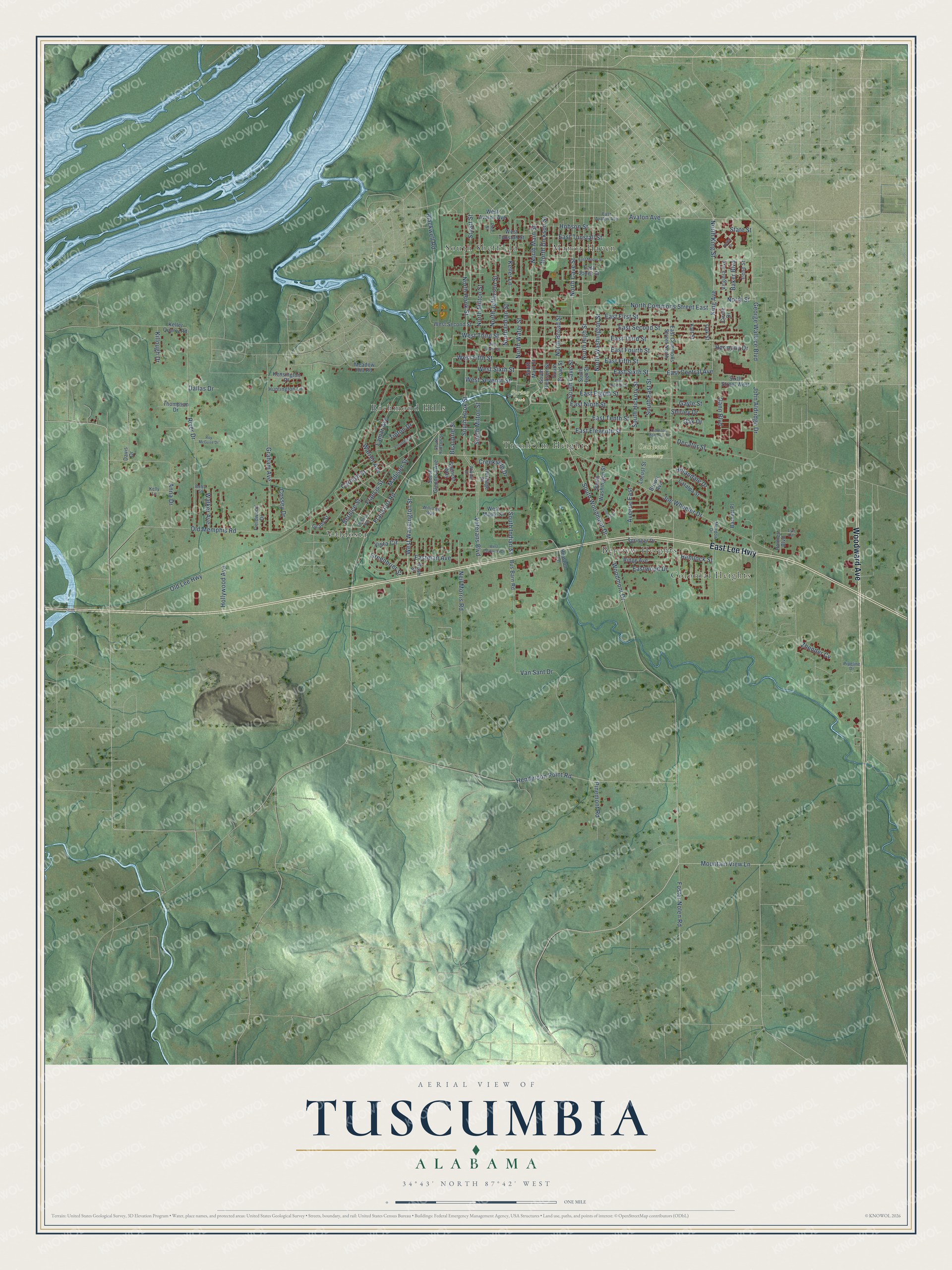 Watermarked full-map preview of Tuscumbia, Alabama
