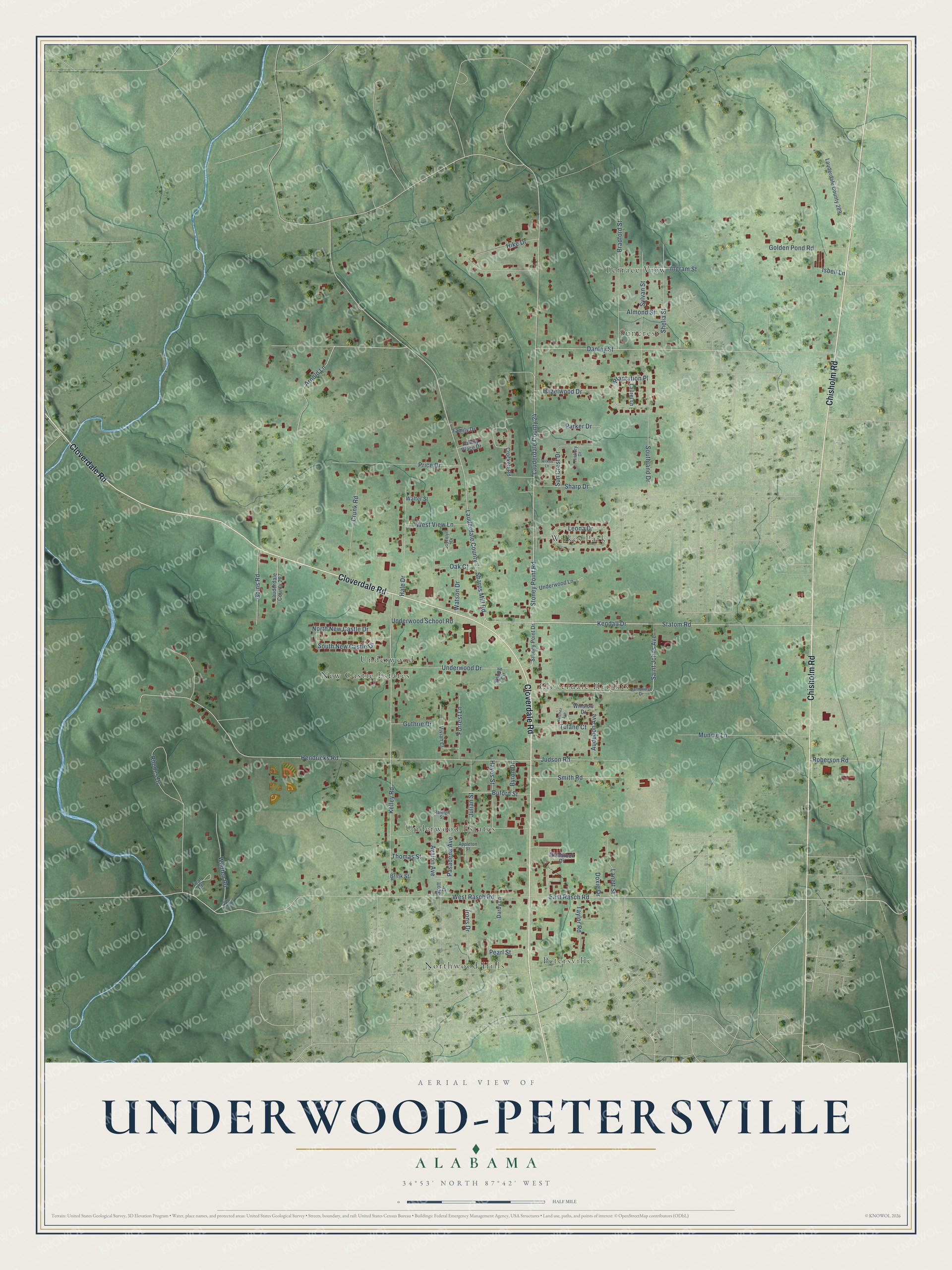 Full map of Underwood-Petersville, Alabama, with red buildings, printed street names and the land around them