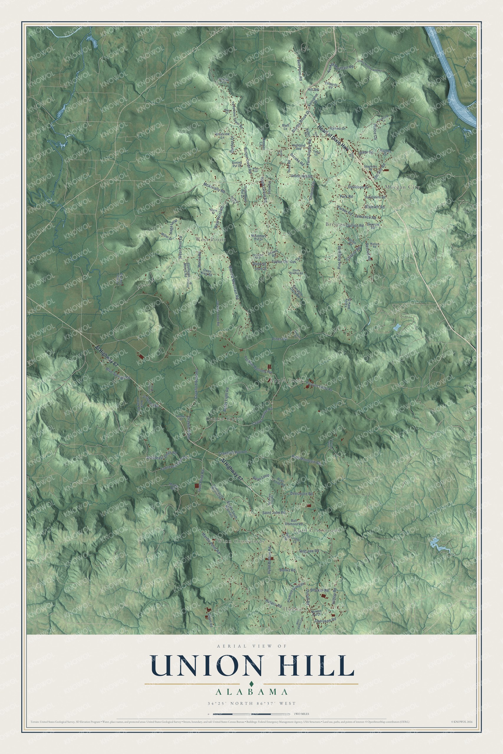 Full map of Union Hill, Alabama, with red buildings, printed street names and the land around them