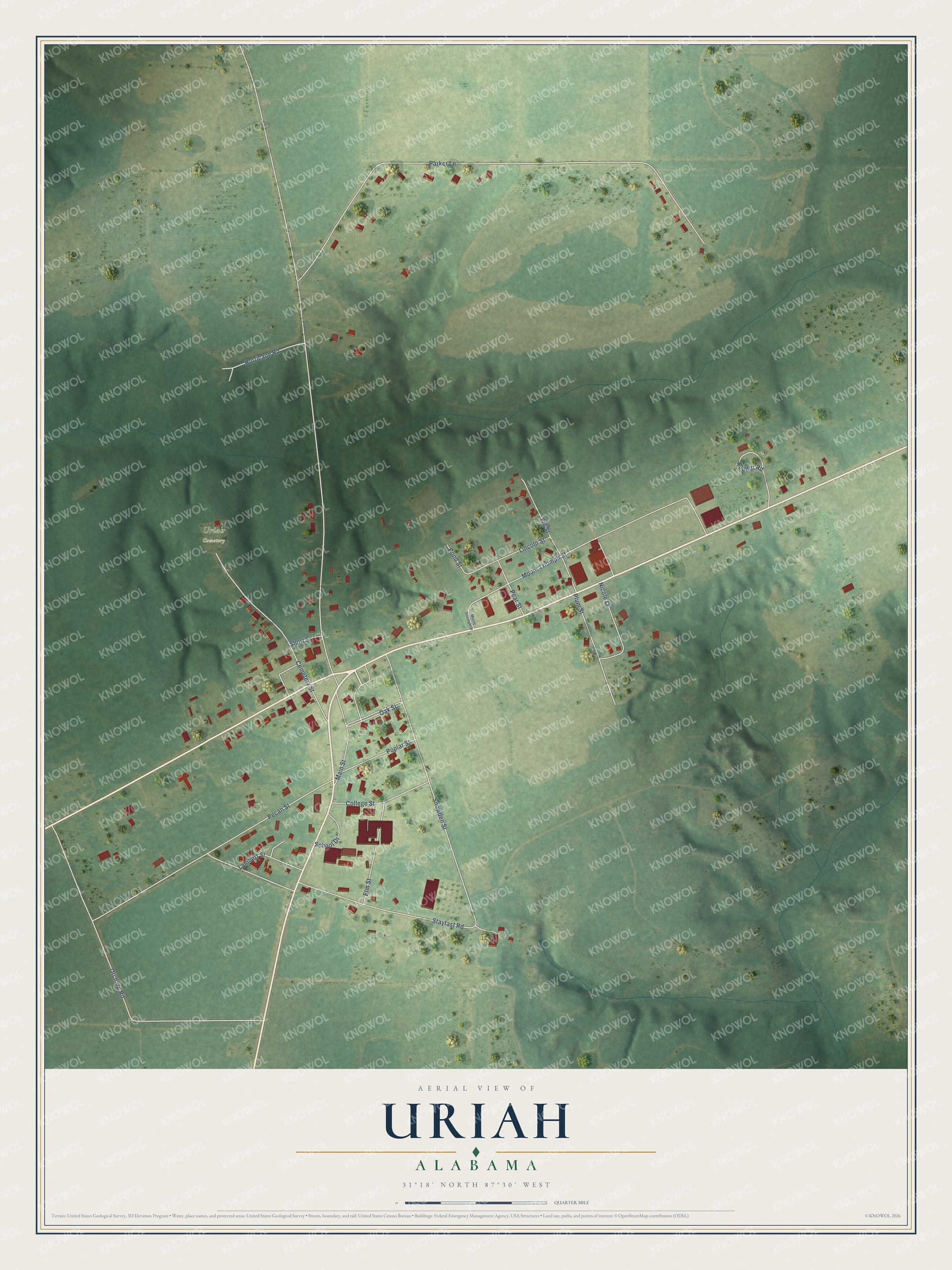 Full map of Uriah, Alabama, with red buildings, printed street names and the land around them