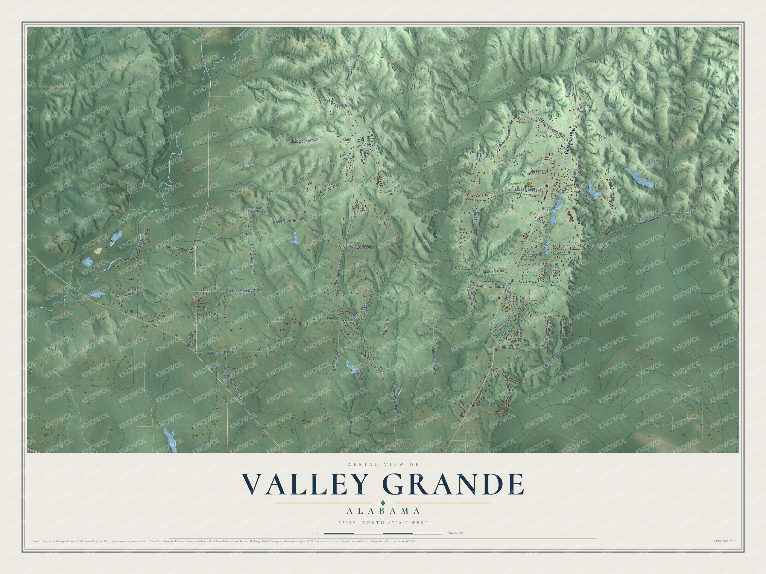 Full map of Valley Grande, Alabama, with red buildings, printed street names and the land around them