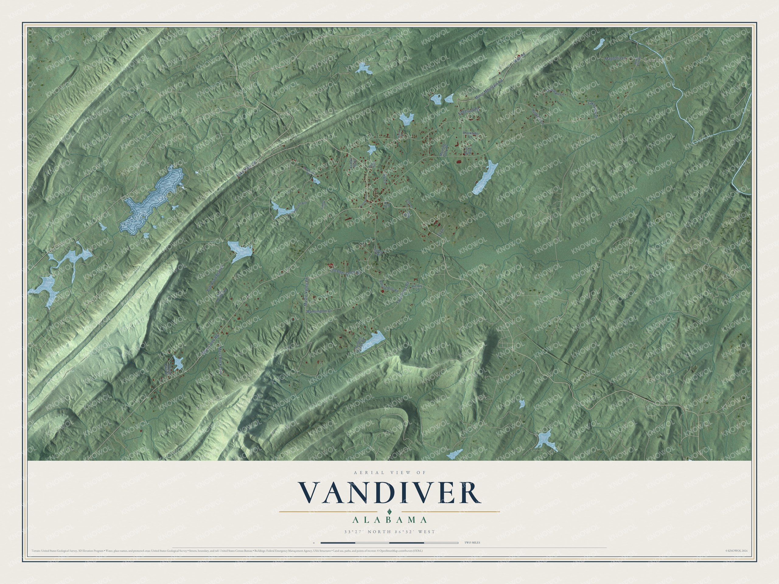 Full map of Vandiver, Alabama, with red buildings, printed street names and the land around them