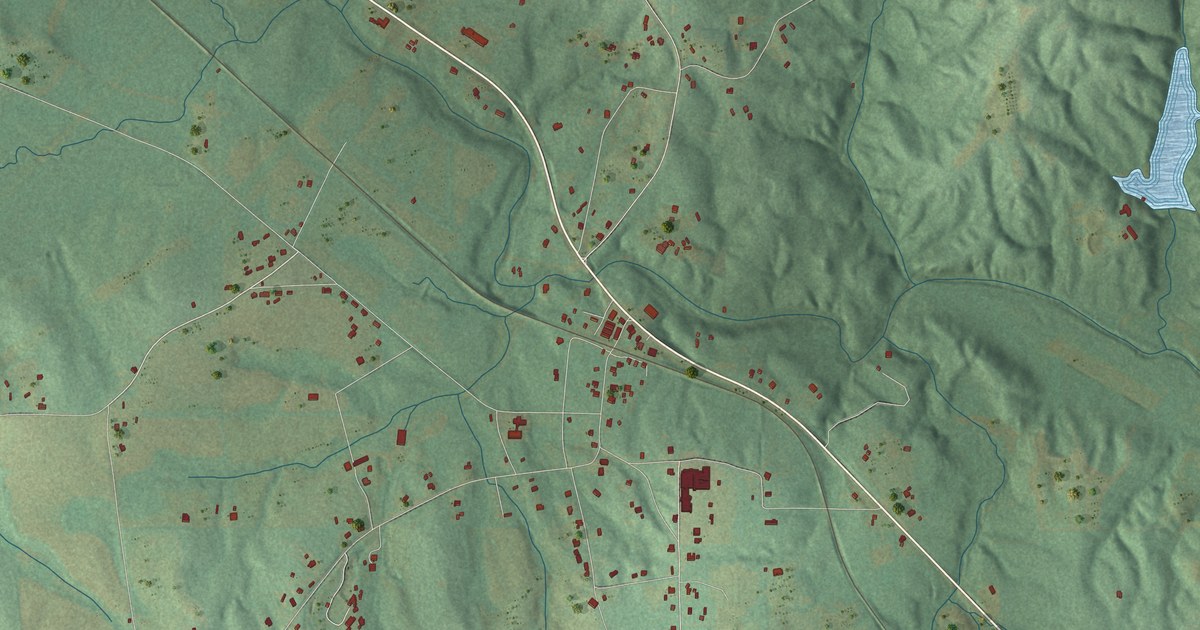 Close-up of streets and buildings in Verbena, Alabama