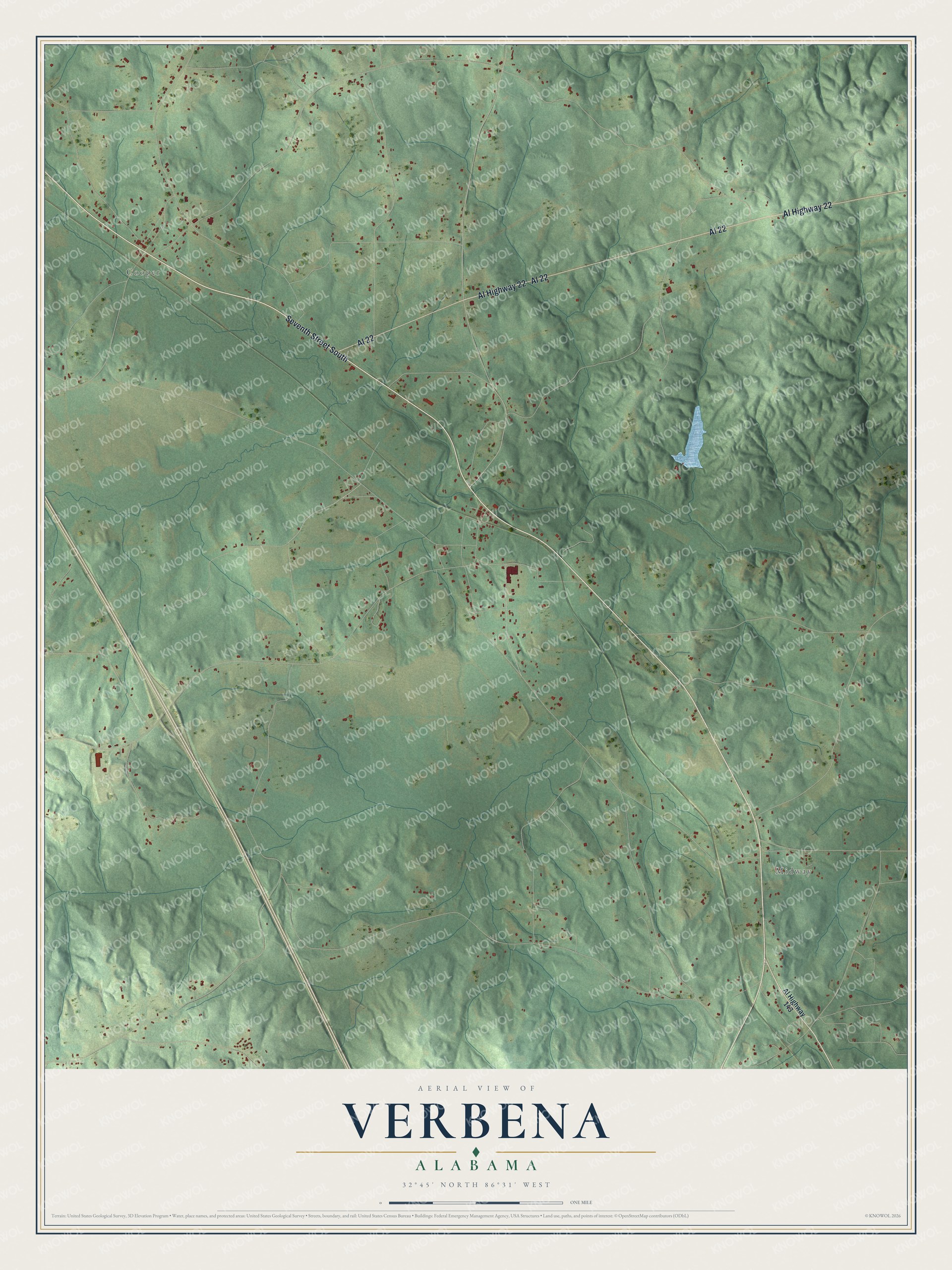 Full map of Verbena, Alabama, with red buildings, printed street names and the land around them