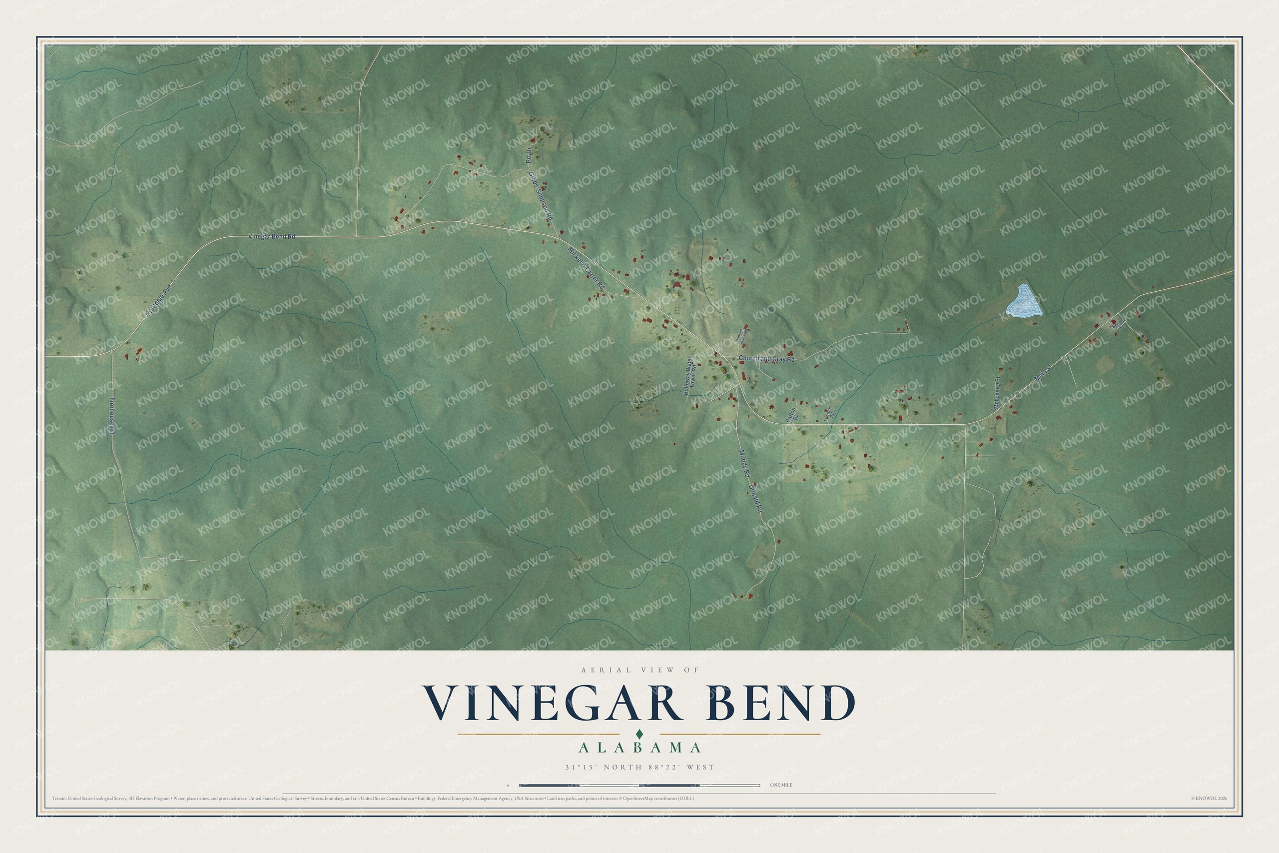 Full map of Vinegar Bend, Alabama, with red buildings, printed street names and the land around them