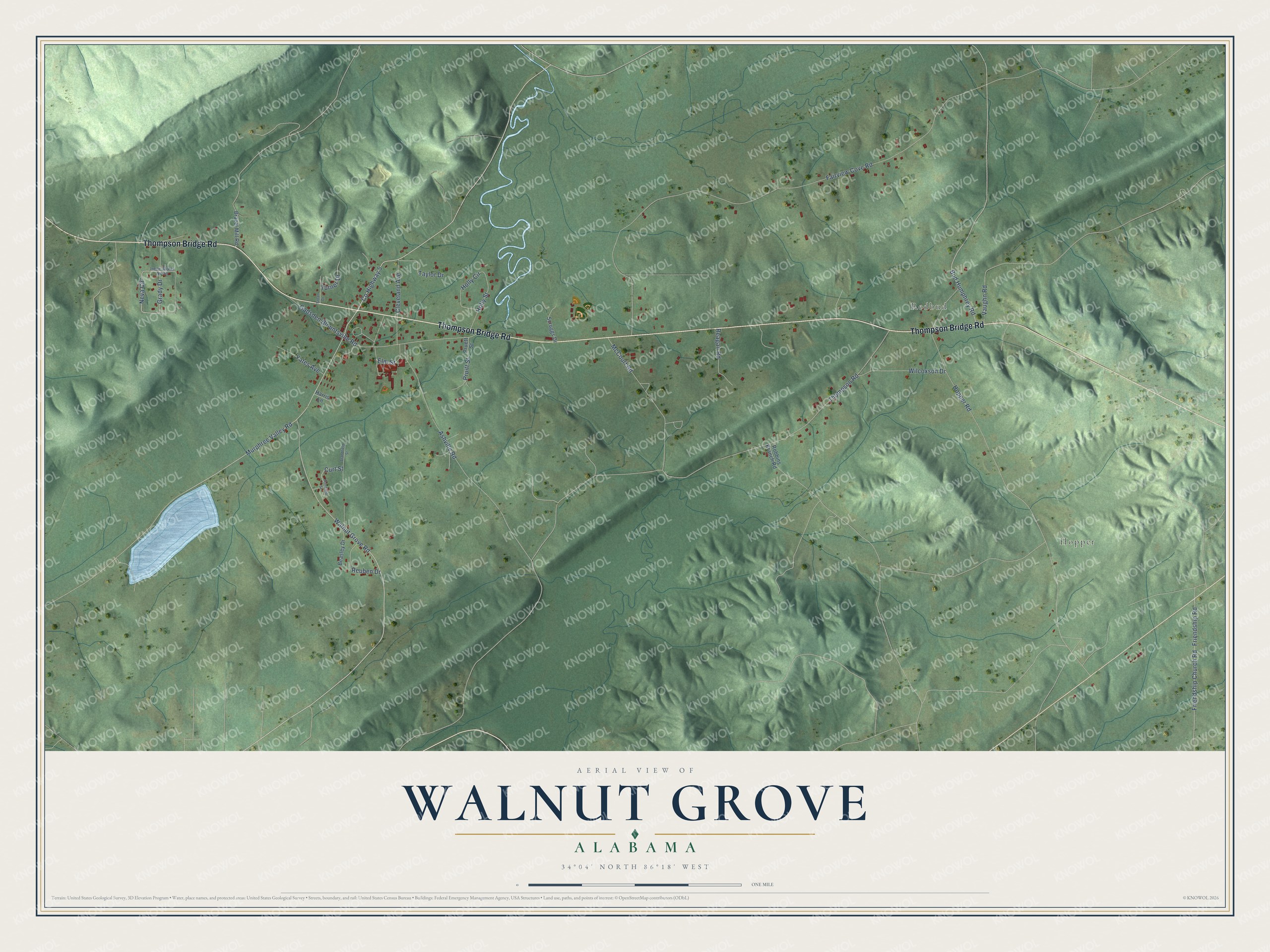 Full map of Walnut Grove, Alabama, with red buildings, printed street names and the land around them