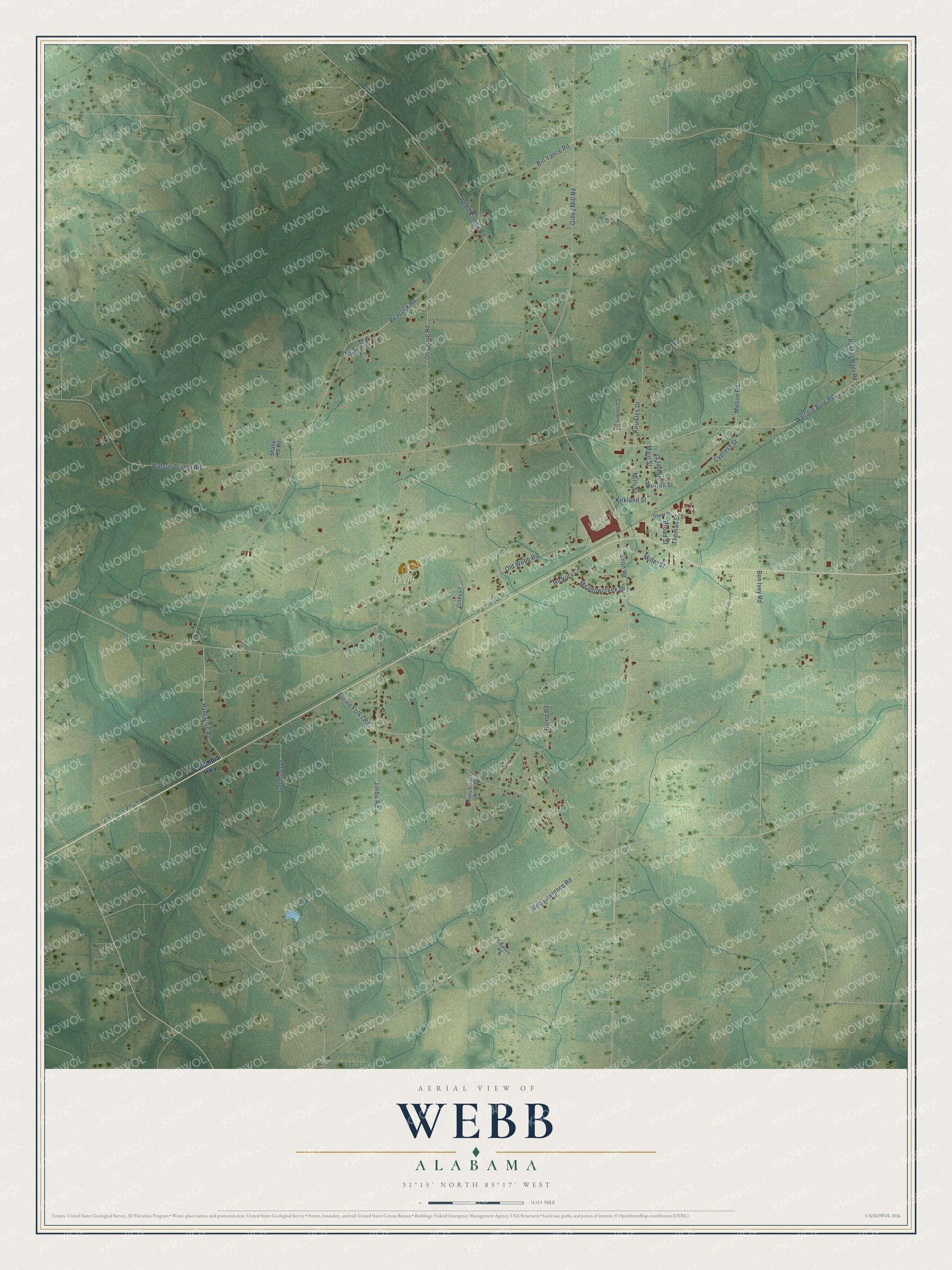 Full map of Webb, Alabama, with red buildings, printed street names and the land around them