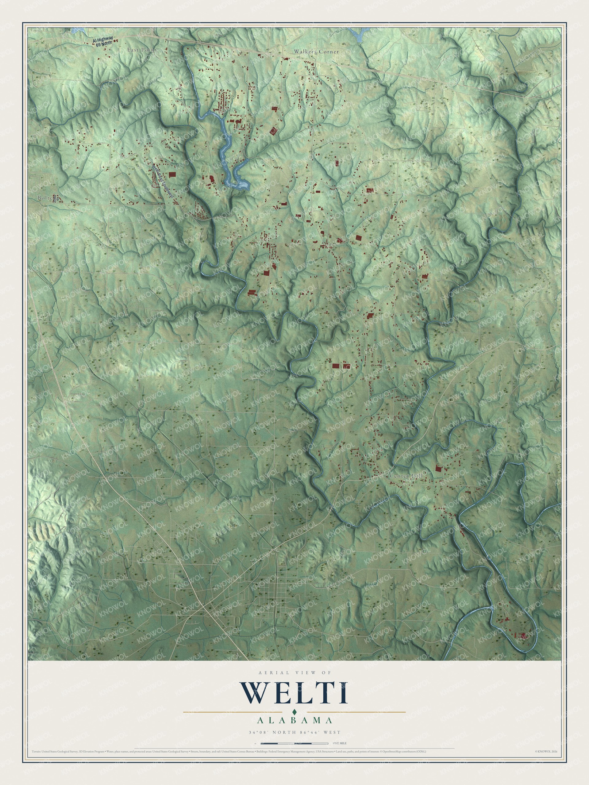 Full map of Welti, Alabama, with red buildings, printed street names and the land around them