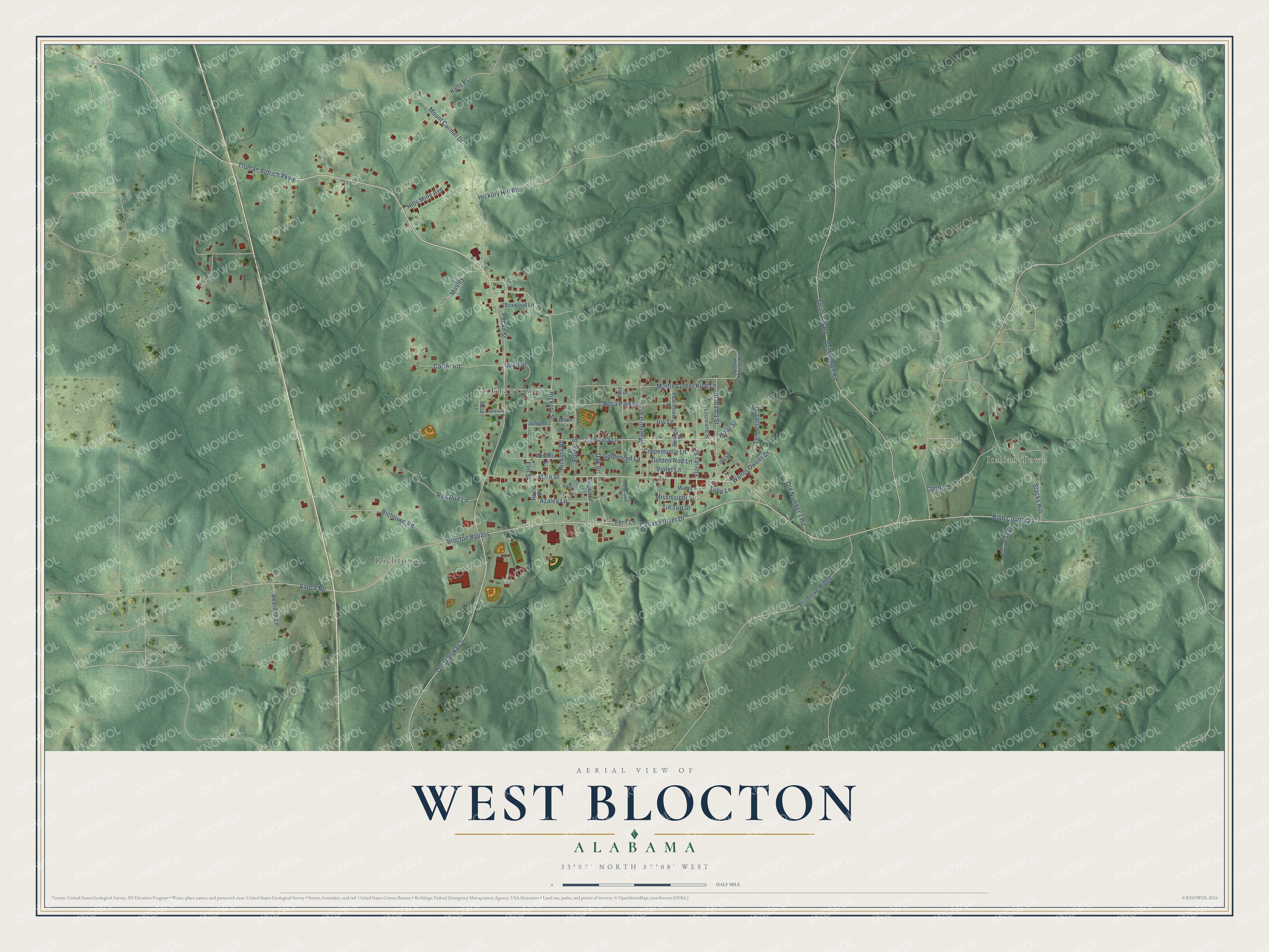 Full map of West Blocton, Alabama, with red buildings, printed street names and the land around them