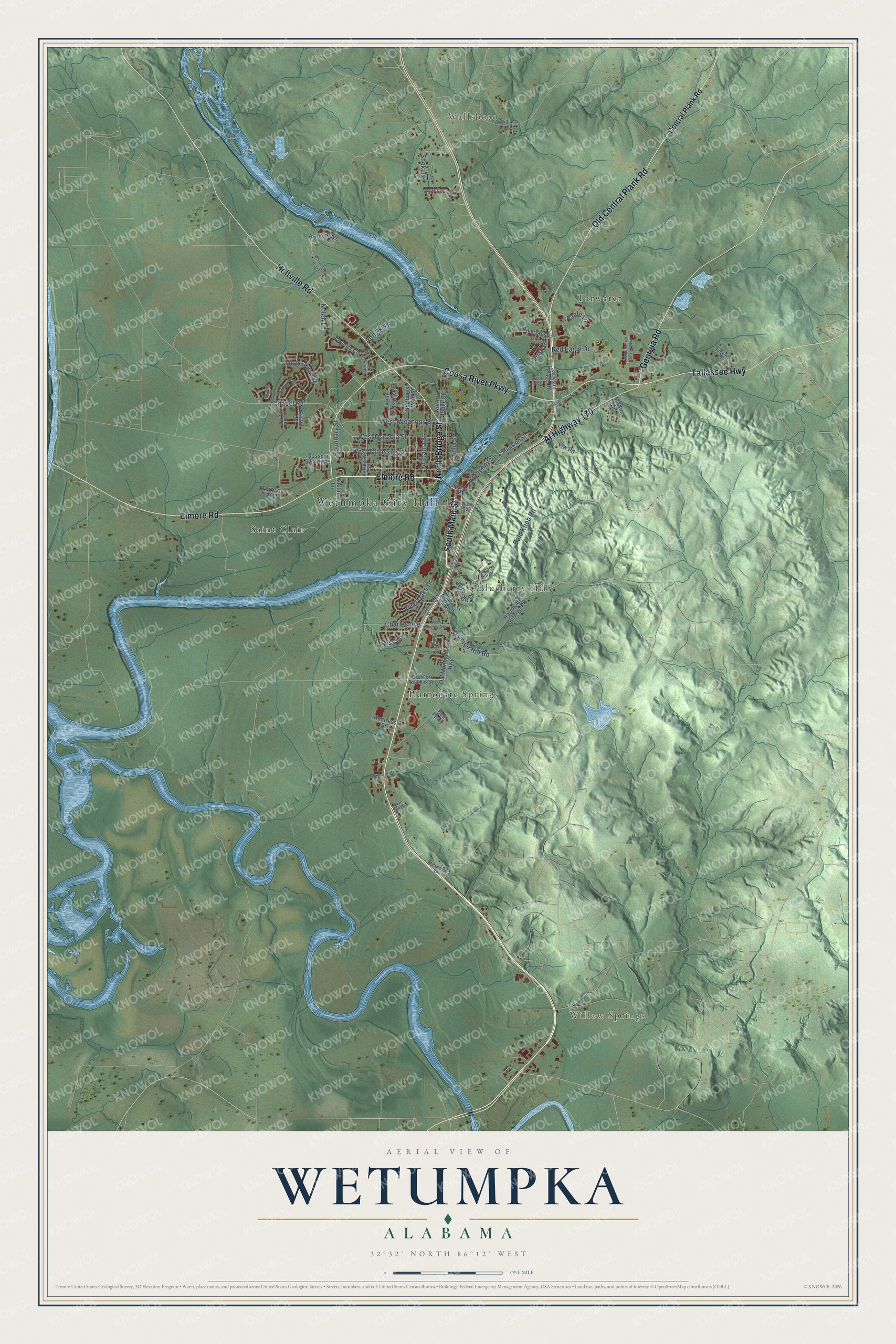 Full map of Wetumpka, Alabama, with red buildings, printed street names and the land around them