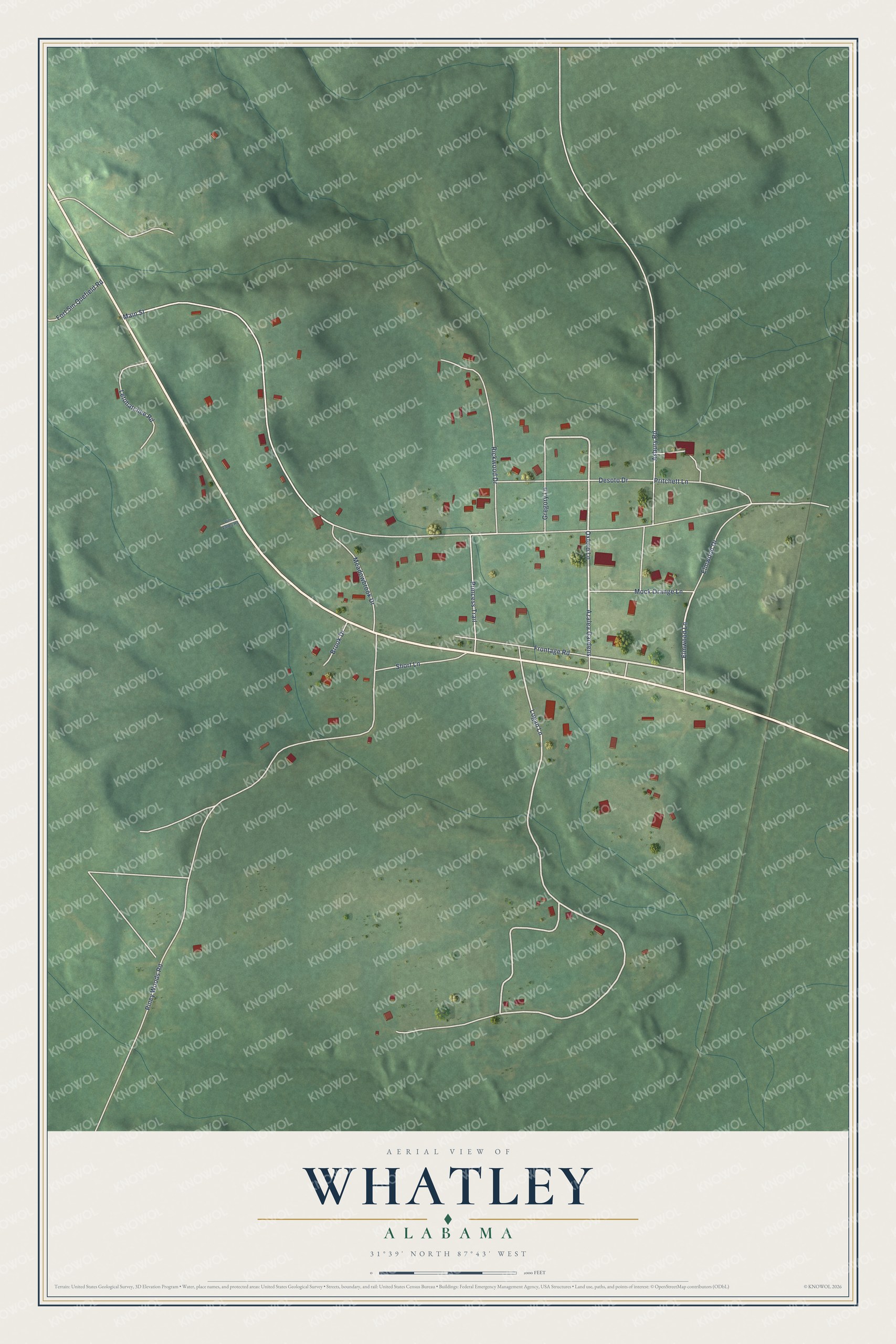 Full map of Whatley, Alabama, with red buildings, printed street names and the land around them