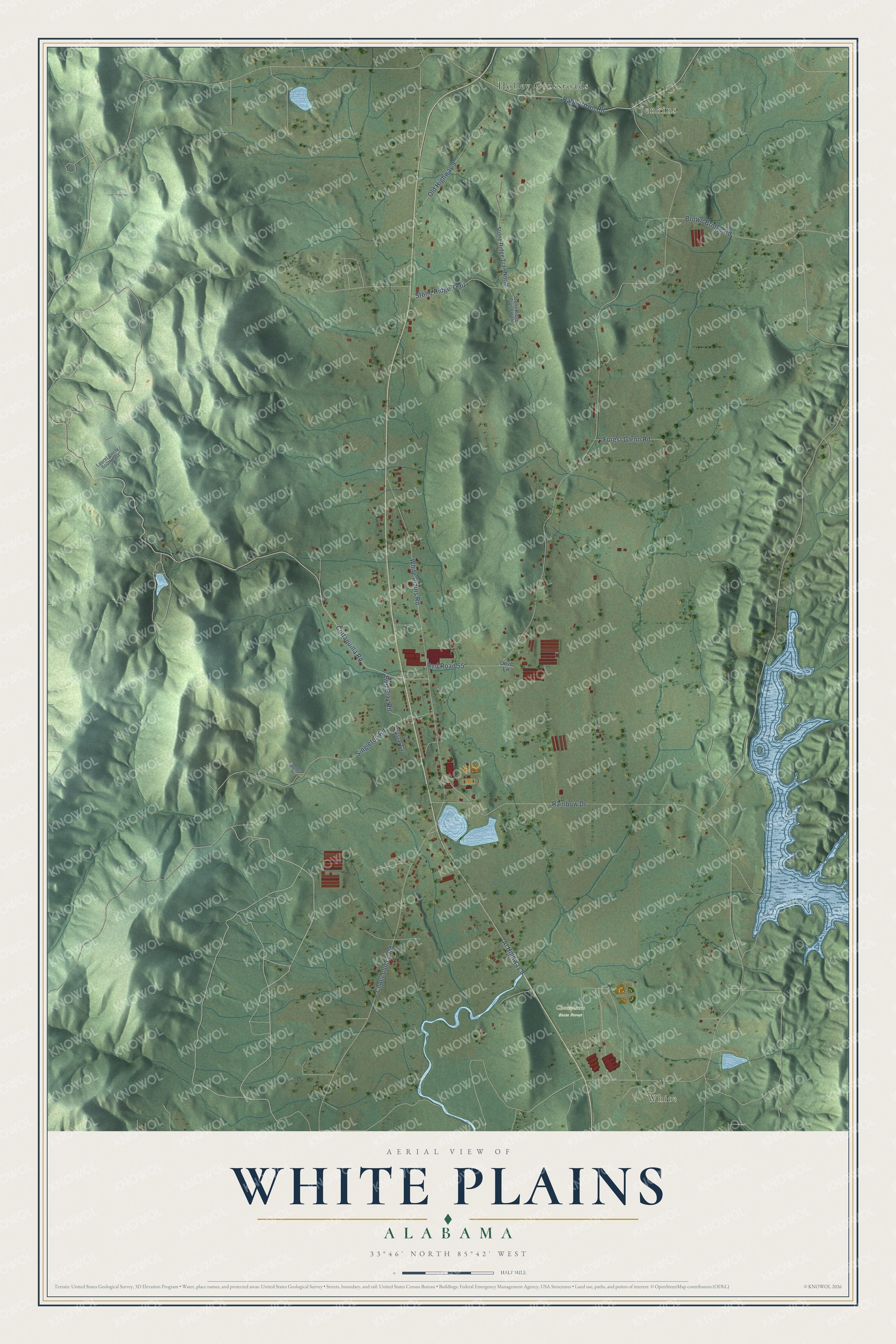 Full map of White Plains, Alabama, with red buildings, printed street names and the land around them
