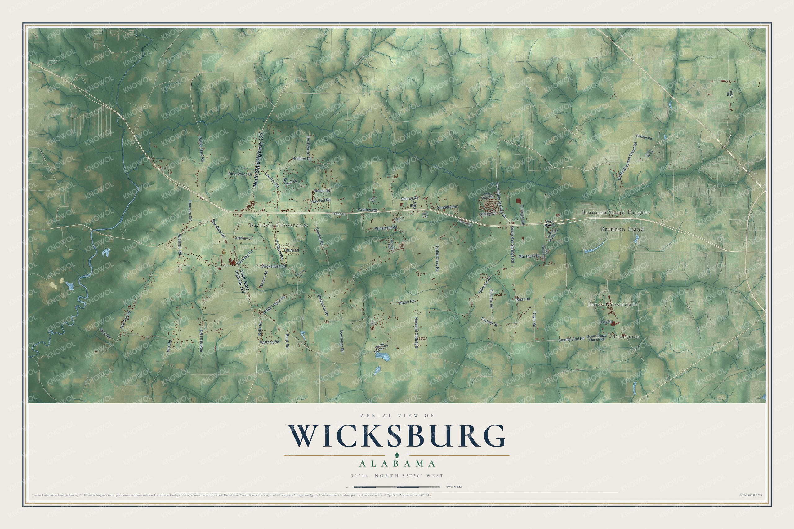Full map of Wicksburg, Alabama, with red buildings, printed street names and the land around them