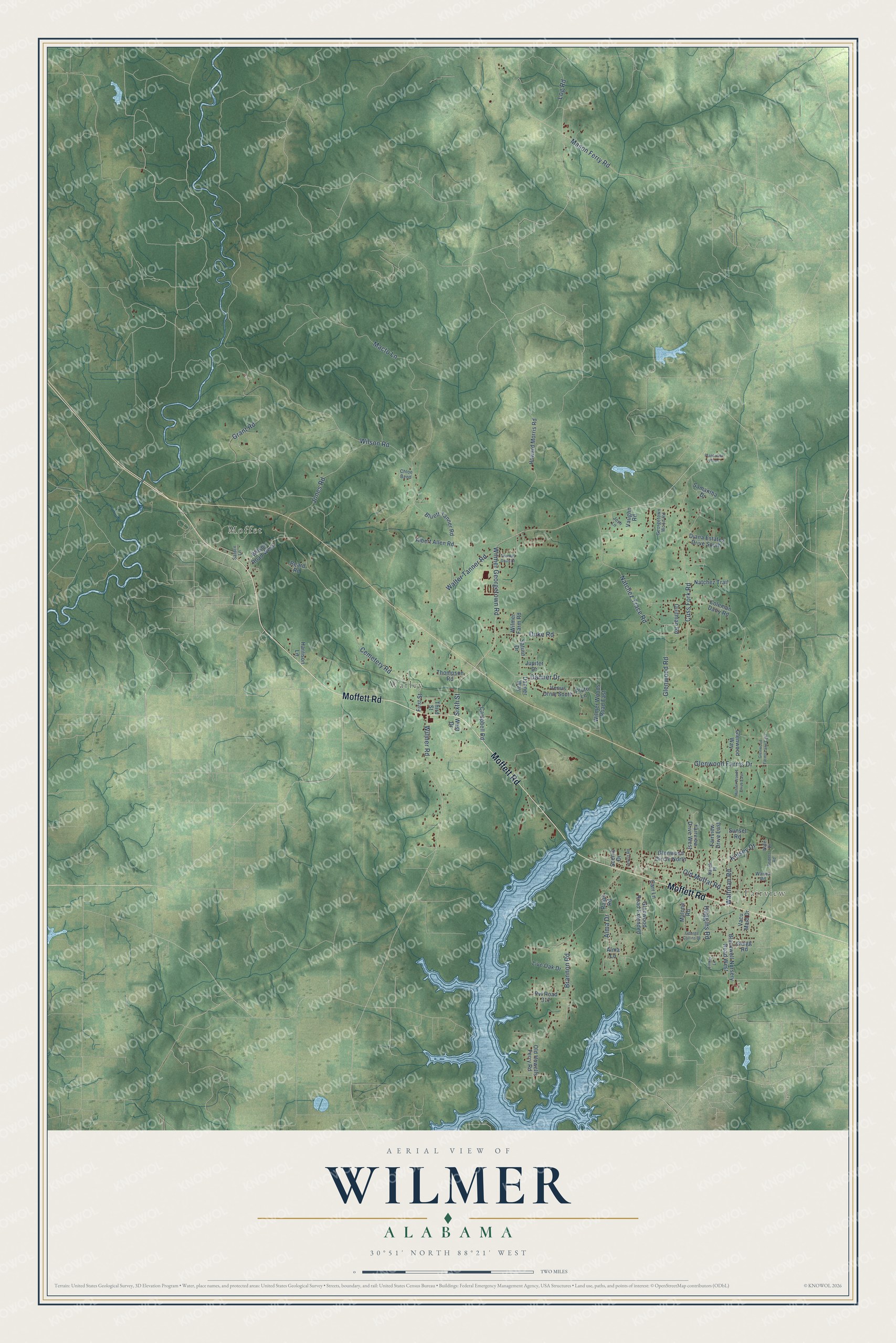Full map of Wilmer, Alabama, with red buildings, printed street names and the land around them