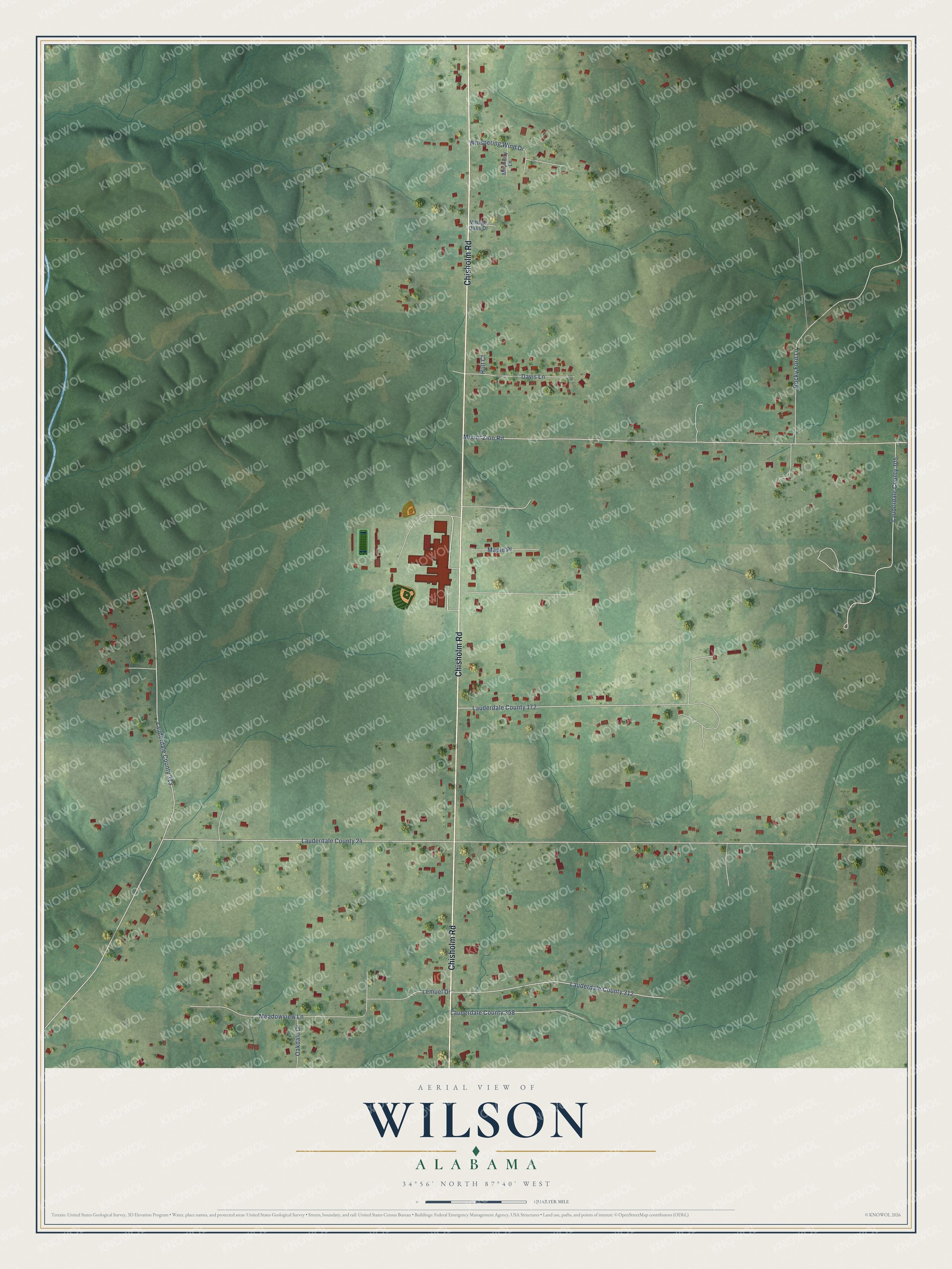Full map of Wilson, Alabama, with red buildings, printed street names and the land around them
