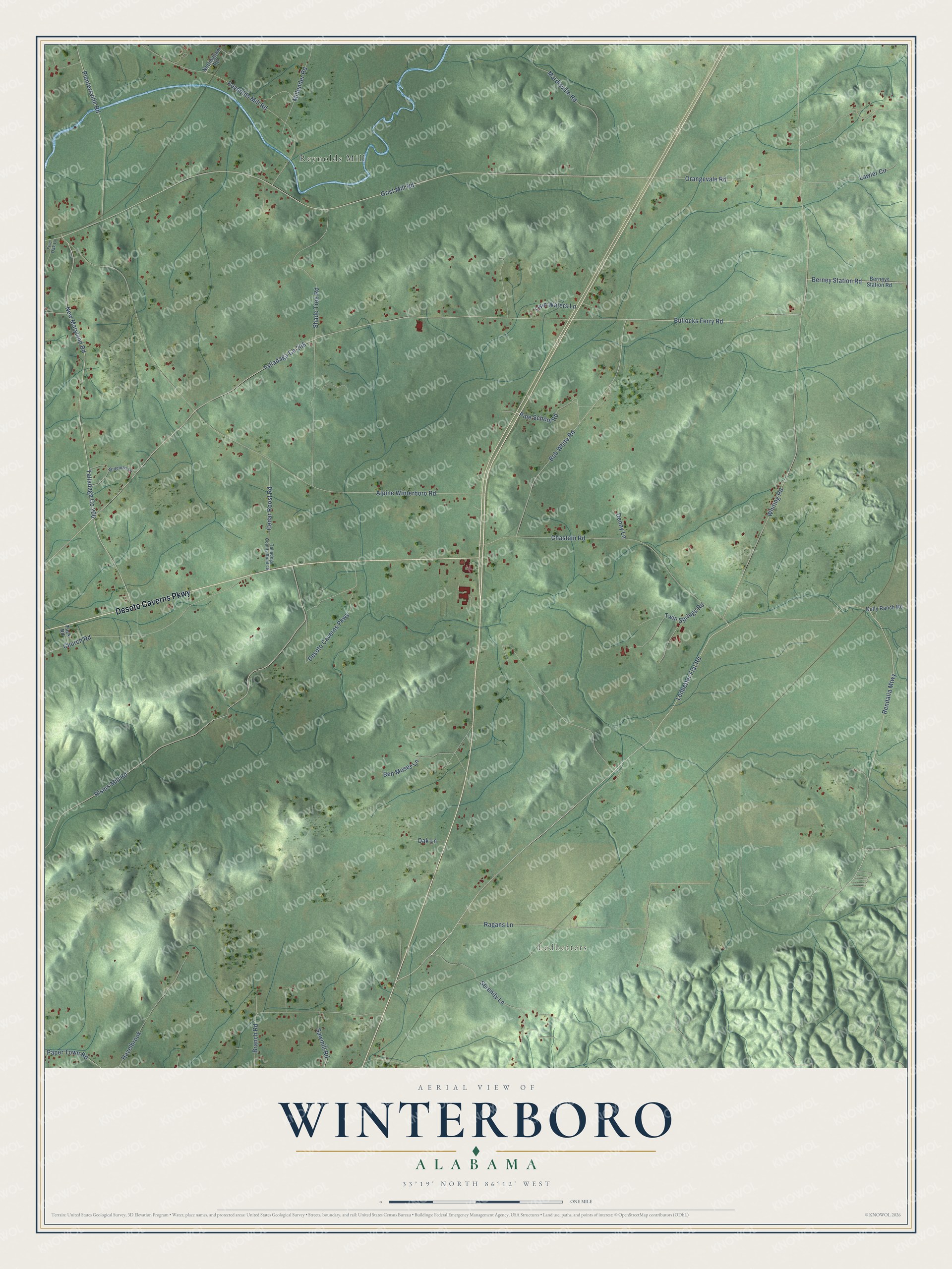 Full map of Winterboro, Alabama, with red buildings, printed street names and the land around them