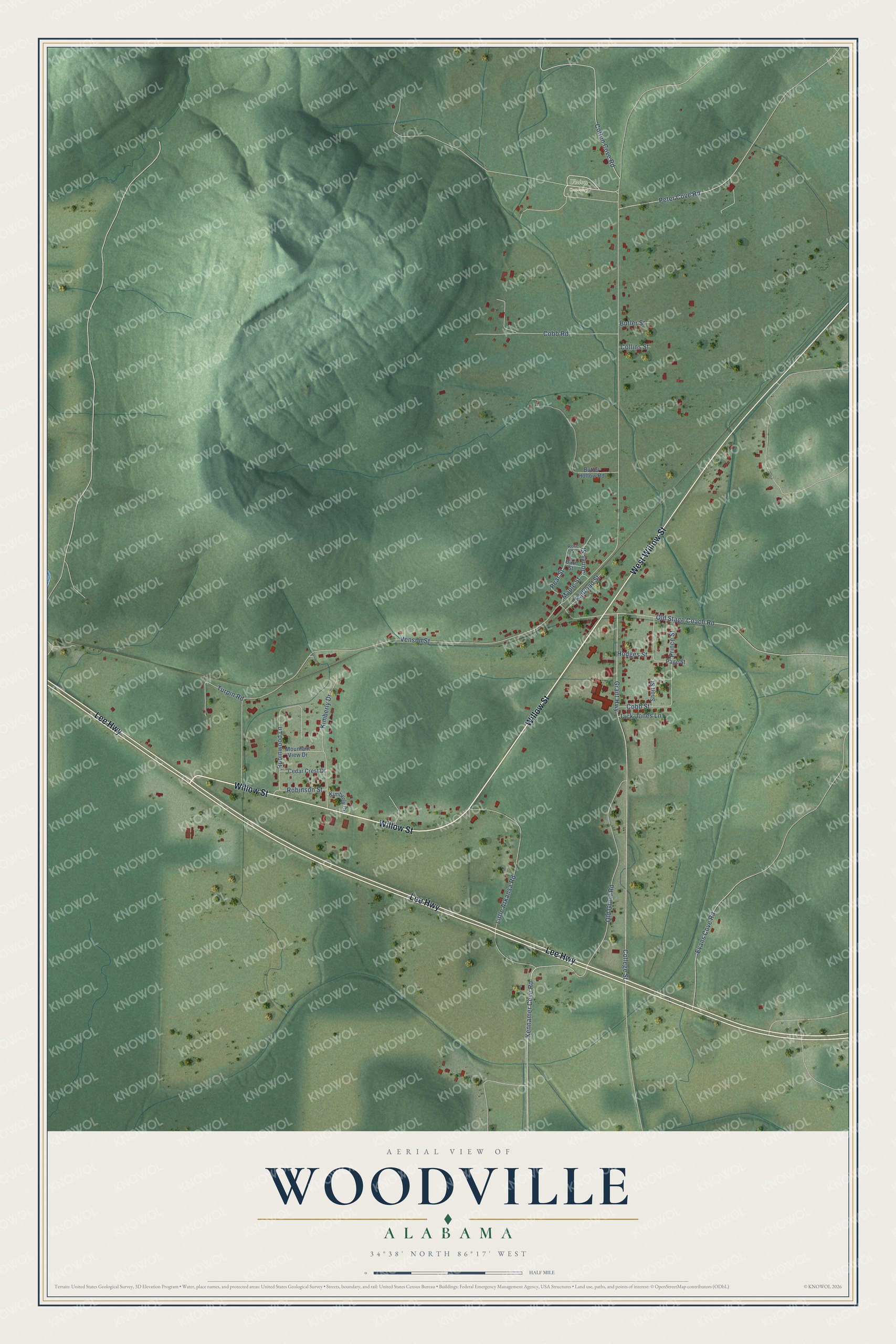 Watermarked full-map preview of Woodville, Alabama