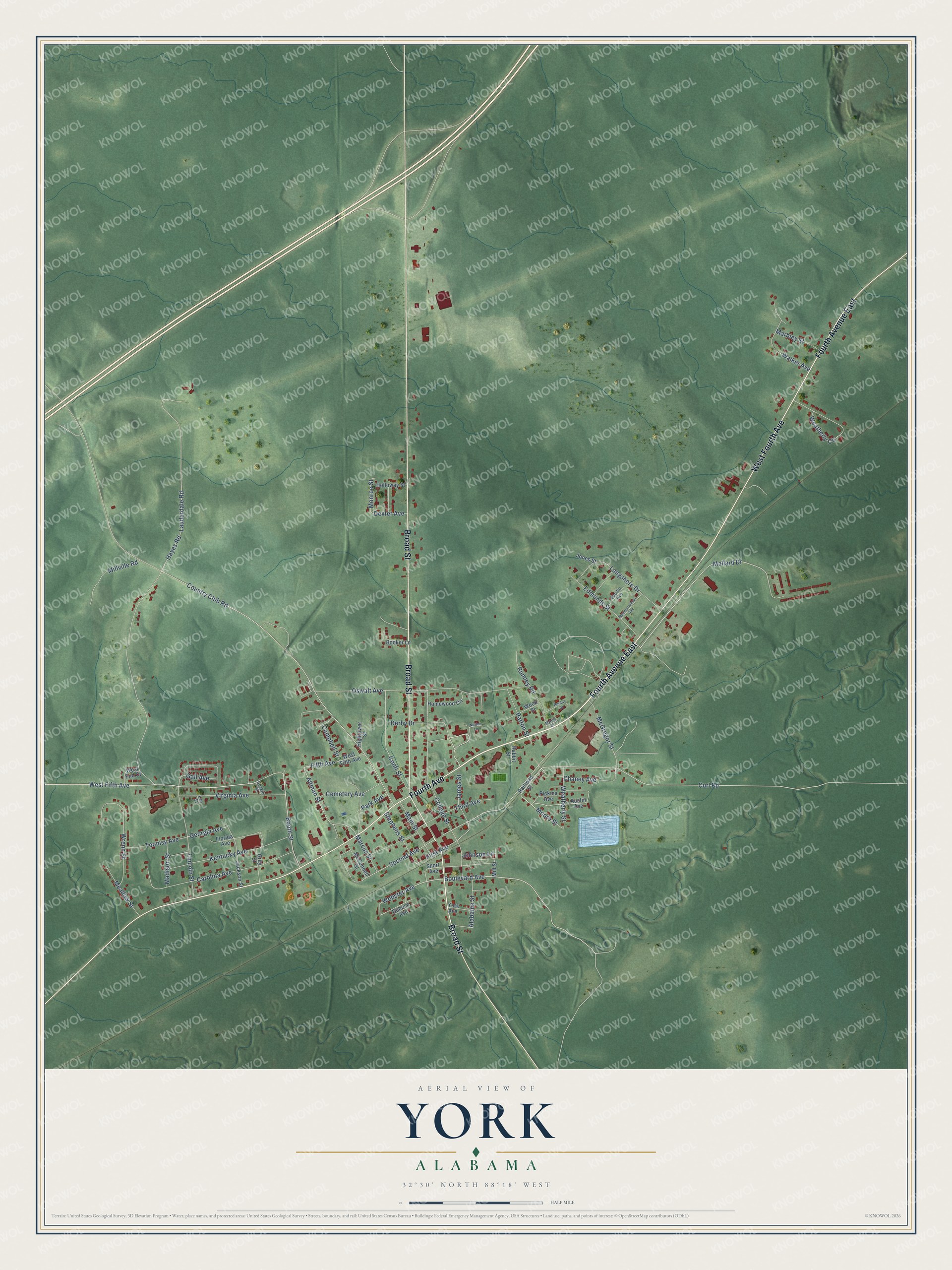 Full map of York, Alabama, with red buildings, printed street names and the land around them