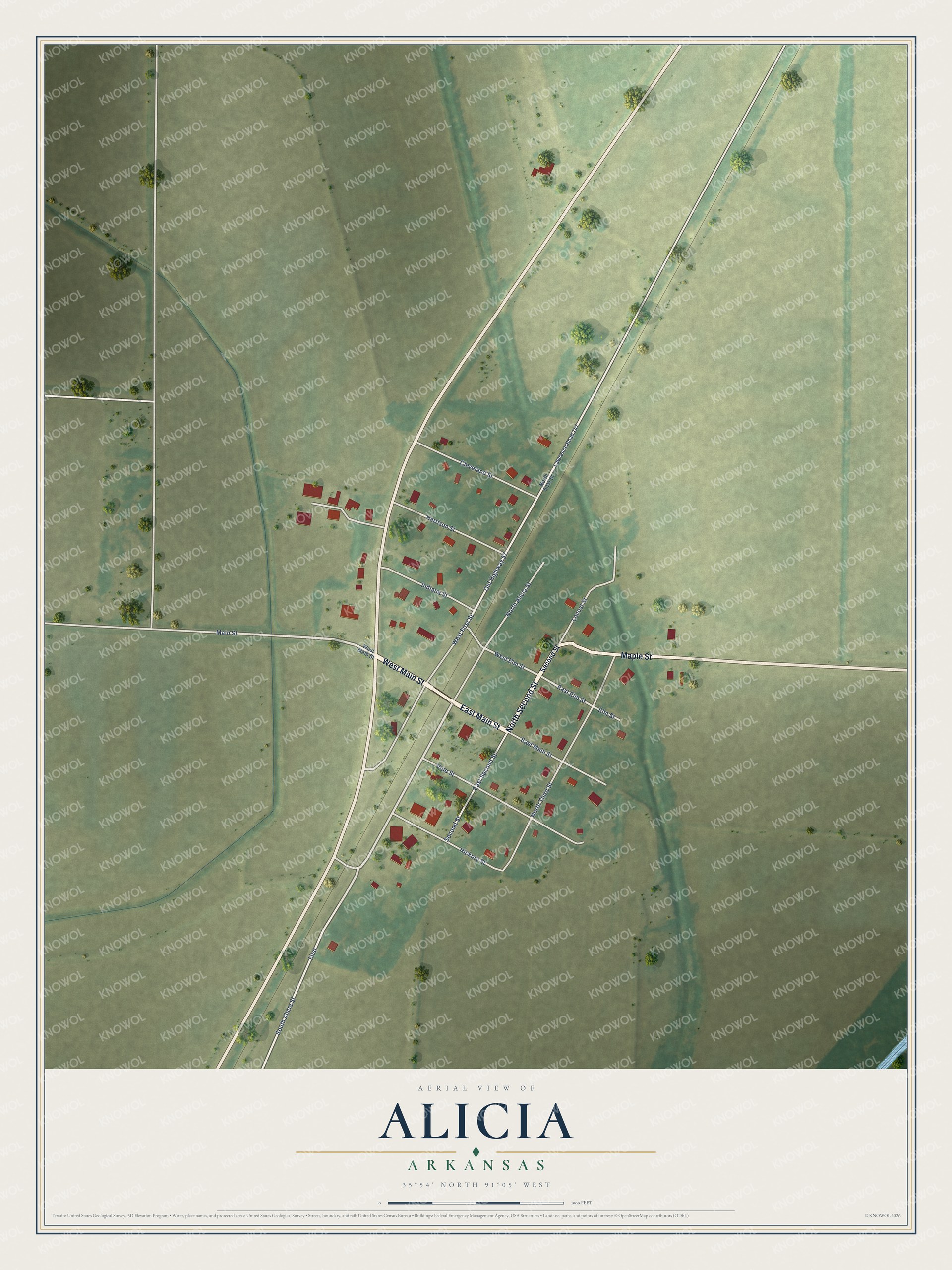 Full map of Alicia, Arkansas, with red buildings, printed street names and the land around them