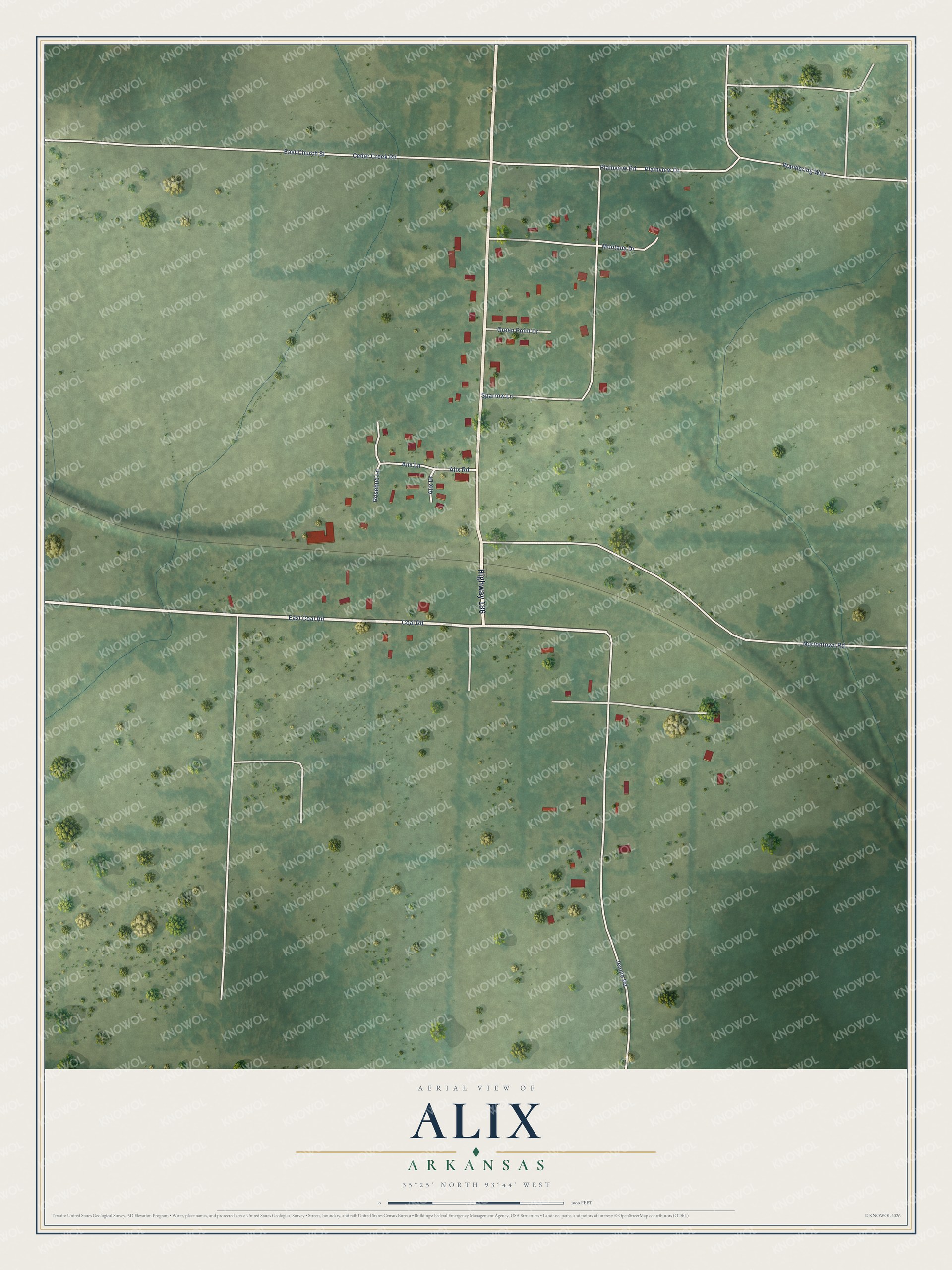 Full map of Alix, Arkansas, with red buildings, printed street names and the land around them