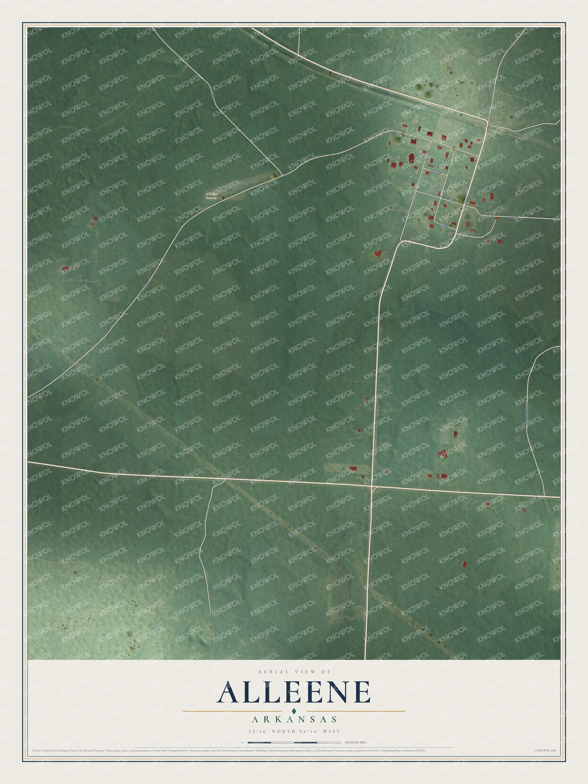 Full map of Alleene, Arkansas, with red buildings, printed street names and the land around them