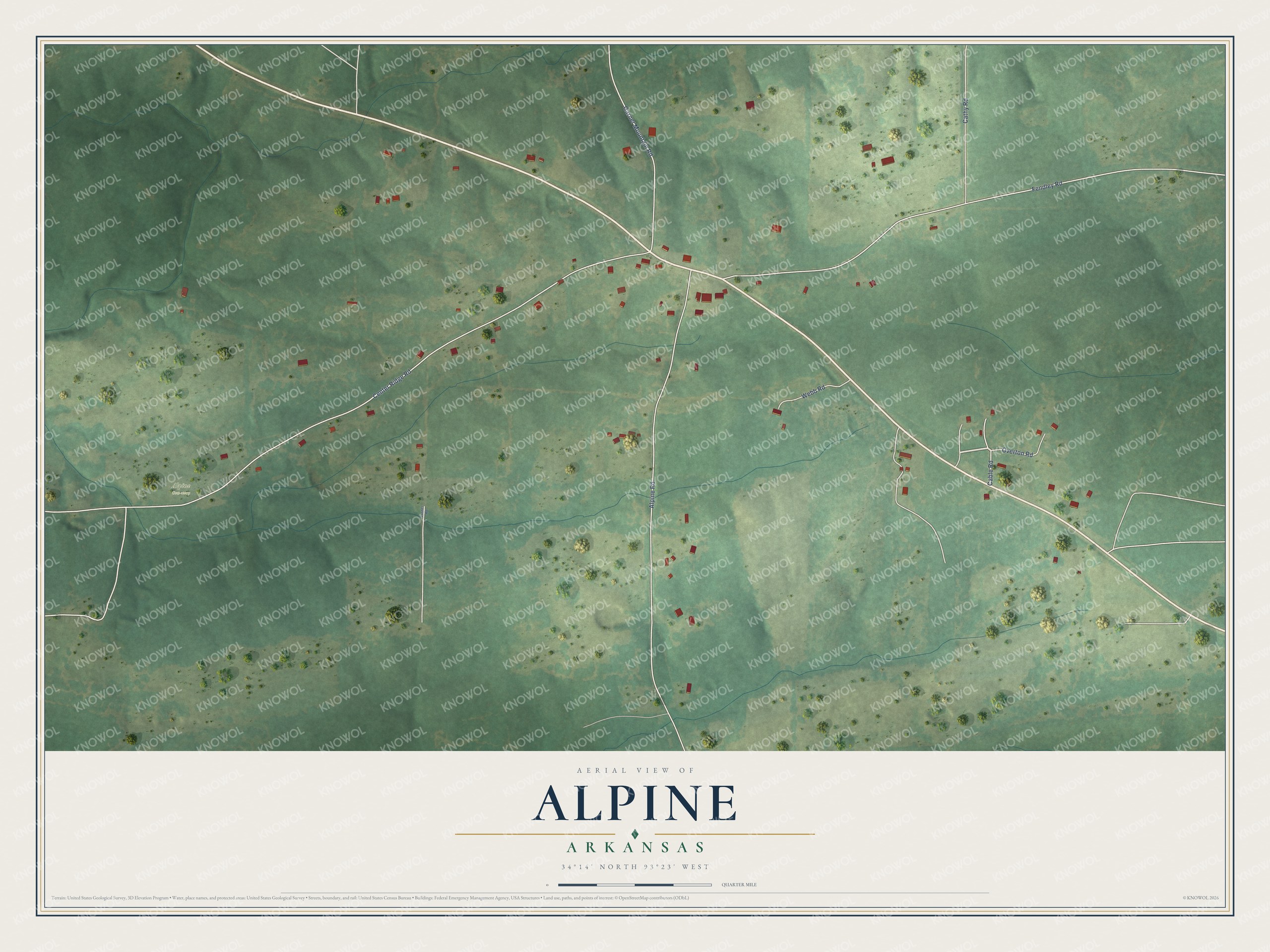 Full map of Alpine, Arkansas, with red buildings, printed street names and the land around them