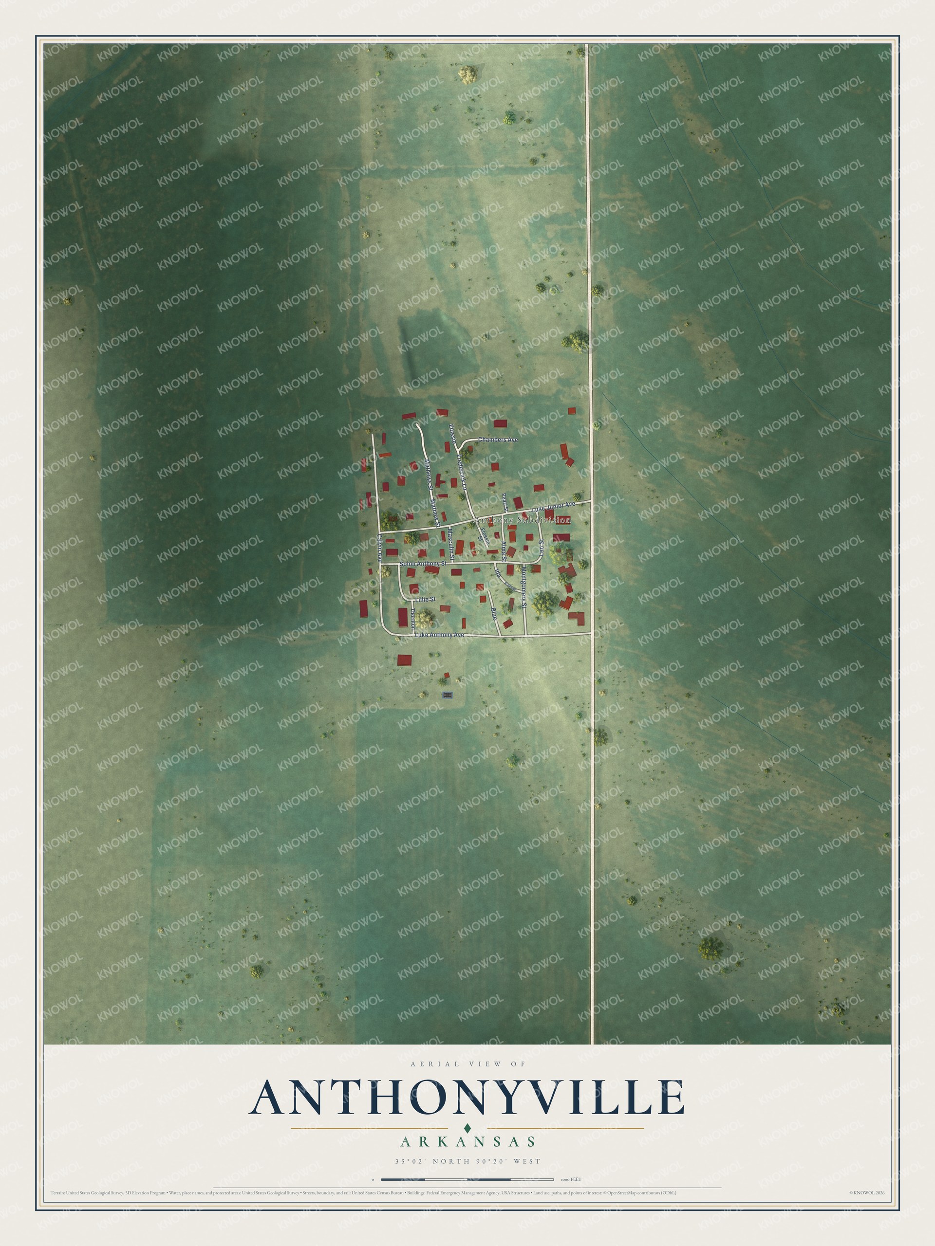 Full map of Anthonyville, Arkansas, with red buildings, printed street names and the land around them