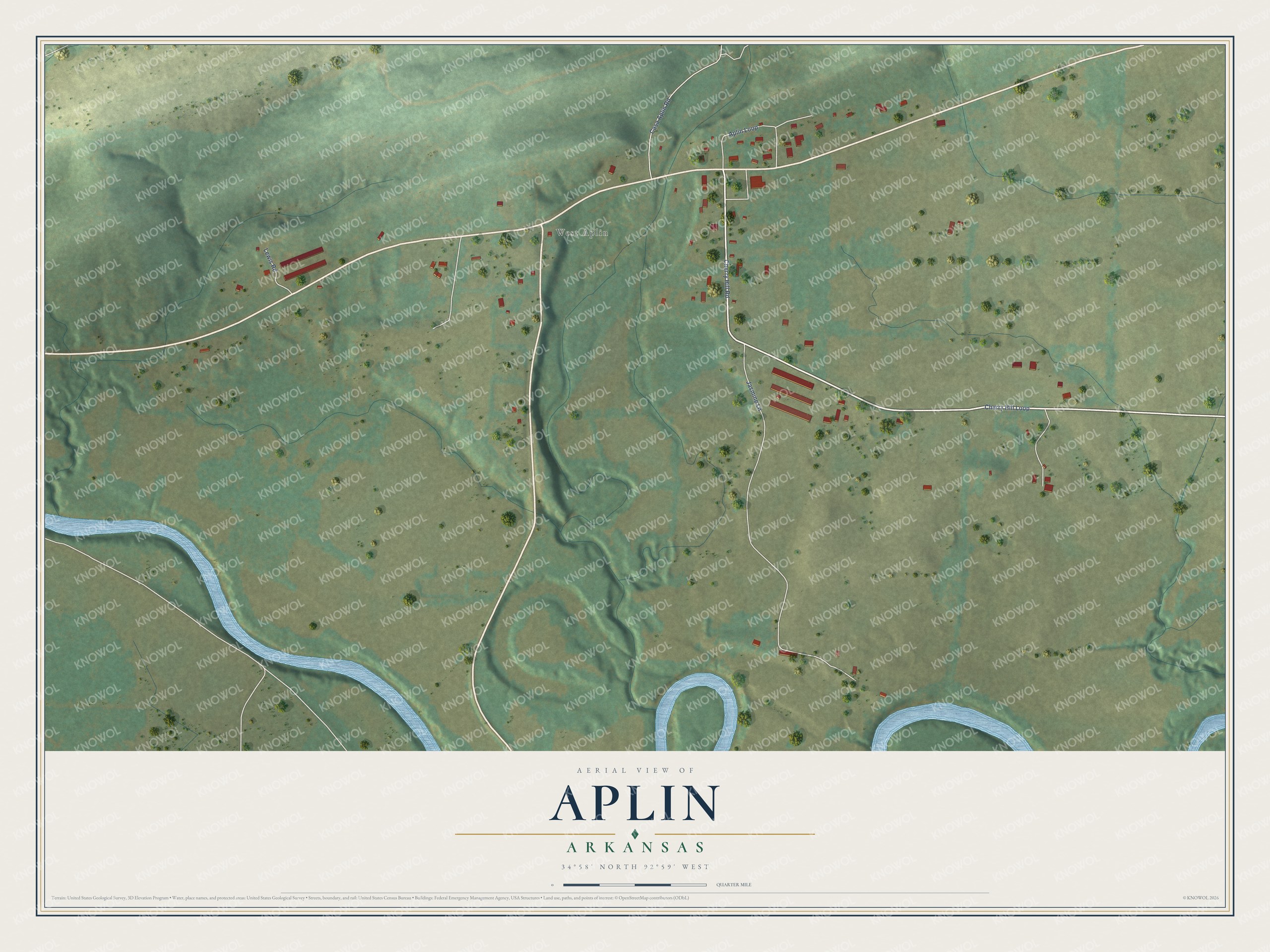 Full map of Aplin, Arkansas, with red buildings, printed street names and the land around them