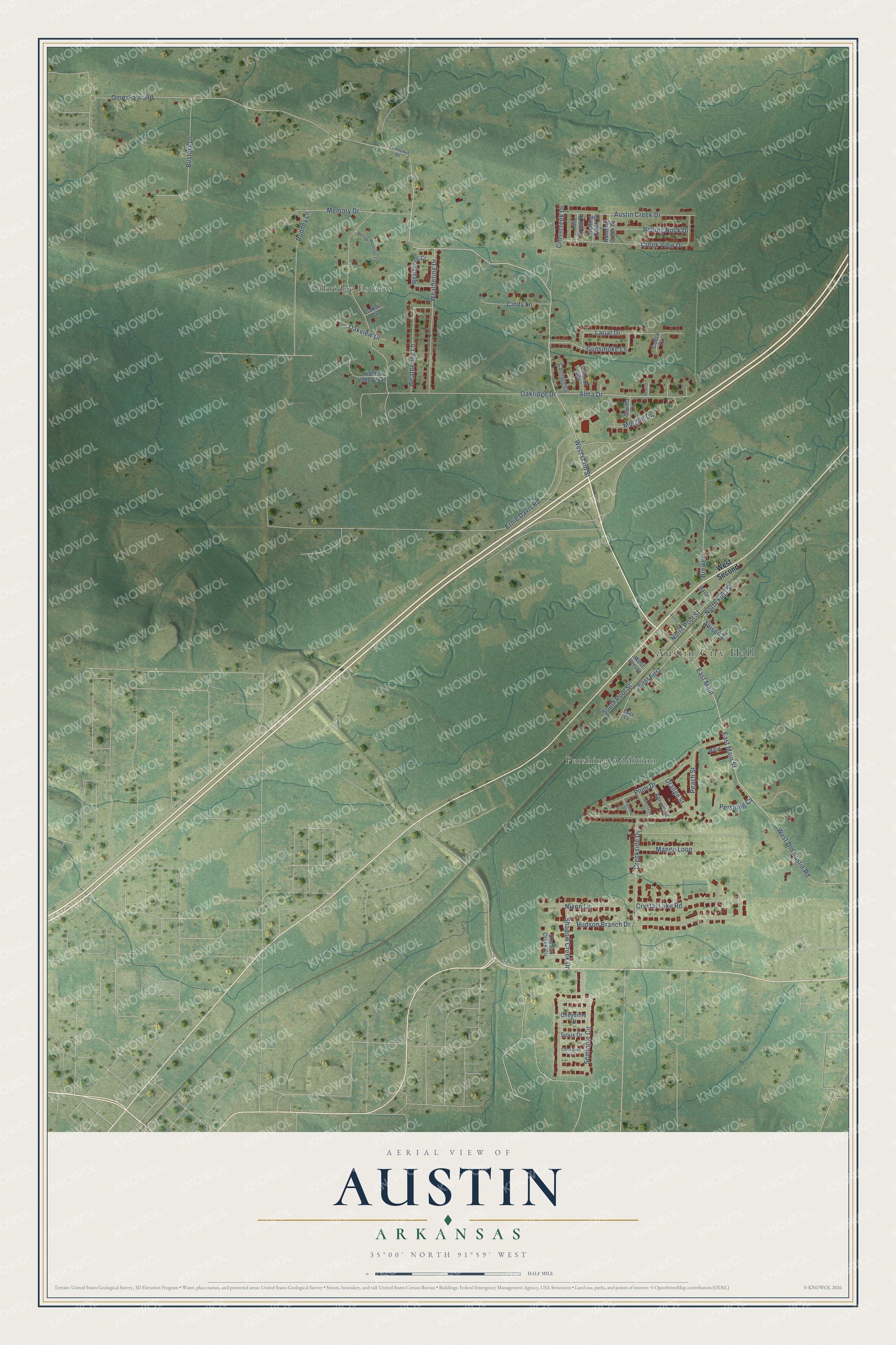 Full map of Austin, Arkansas, with red buildings, printed street names and the land around them