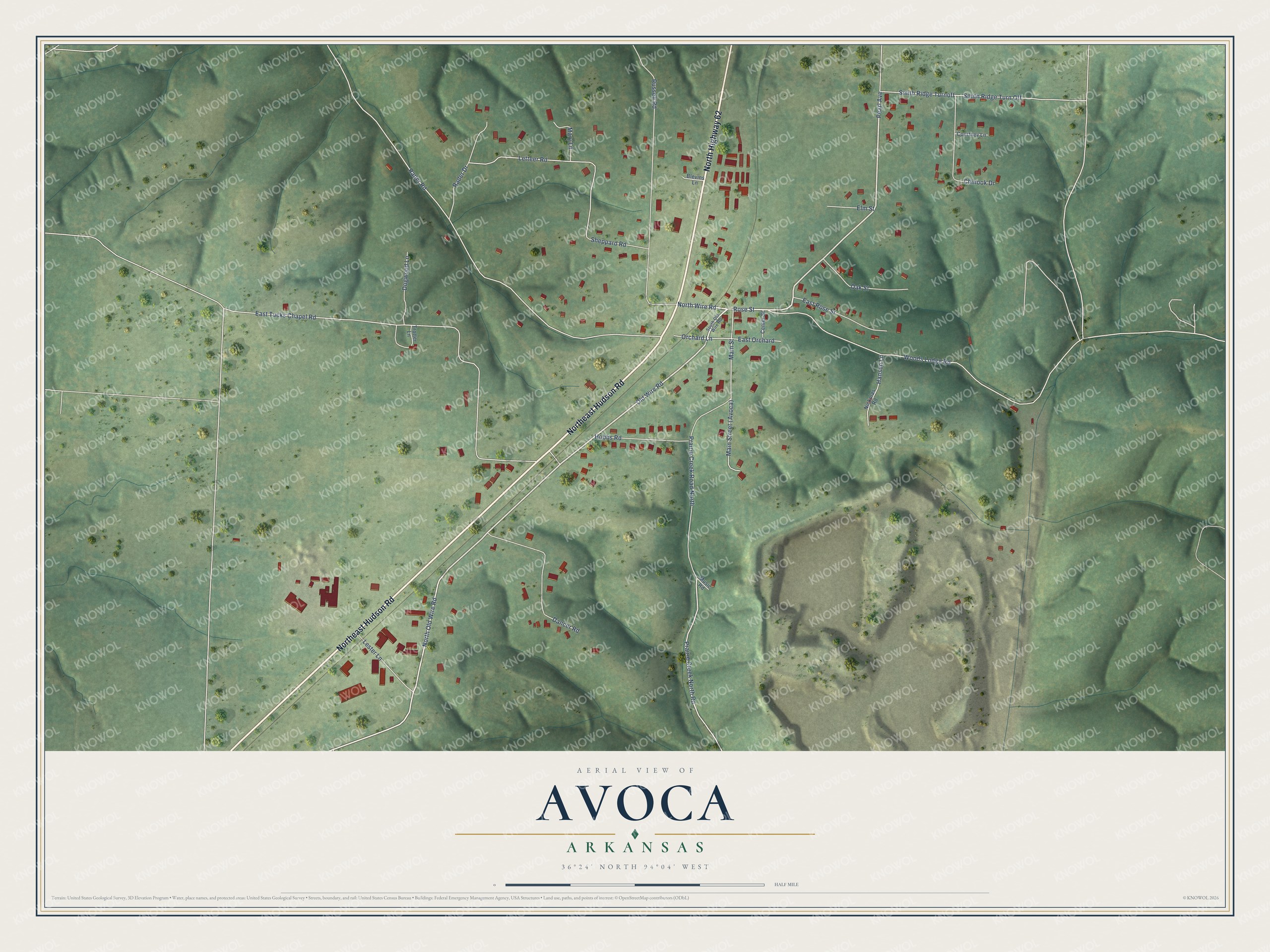 Watermarked full-map preview of Avoca, Arkansas