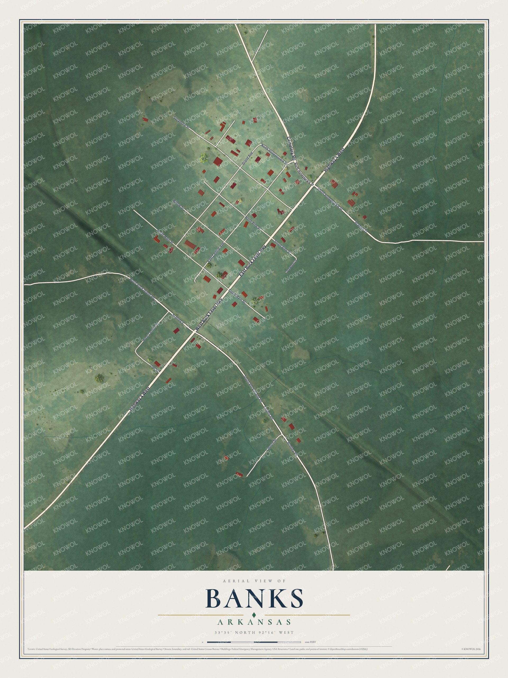 Full map of Banks, Arkansas, with red buildings, printed street names and the land around them