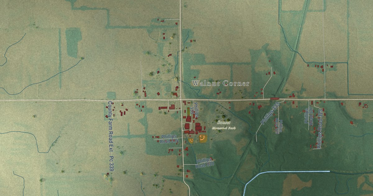 Close-up of streets and buildings in Barton, Arkansas