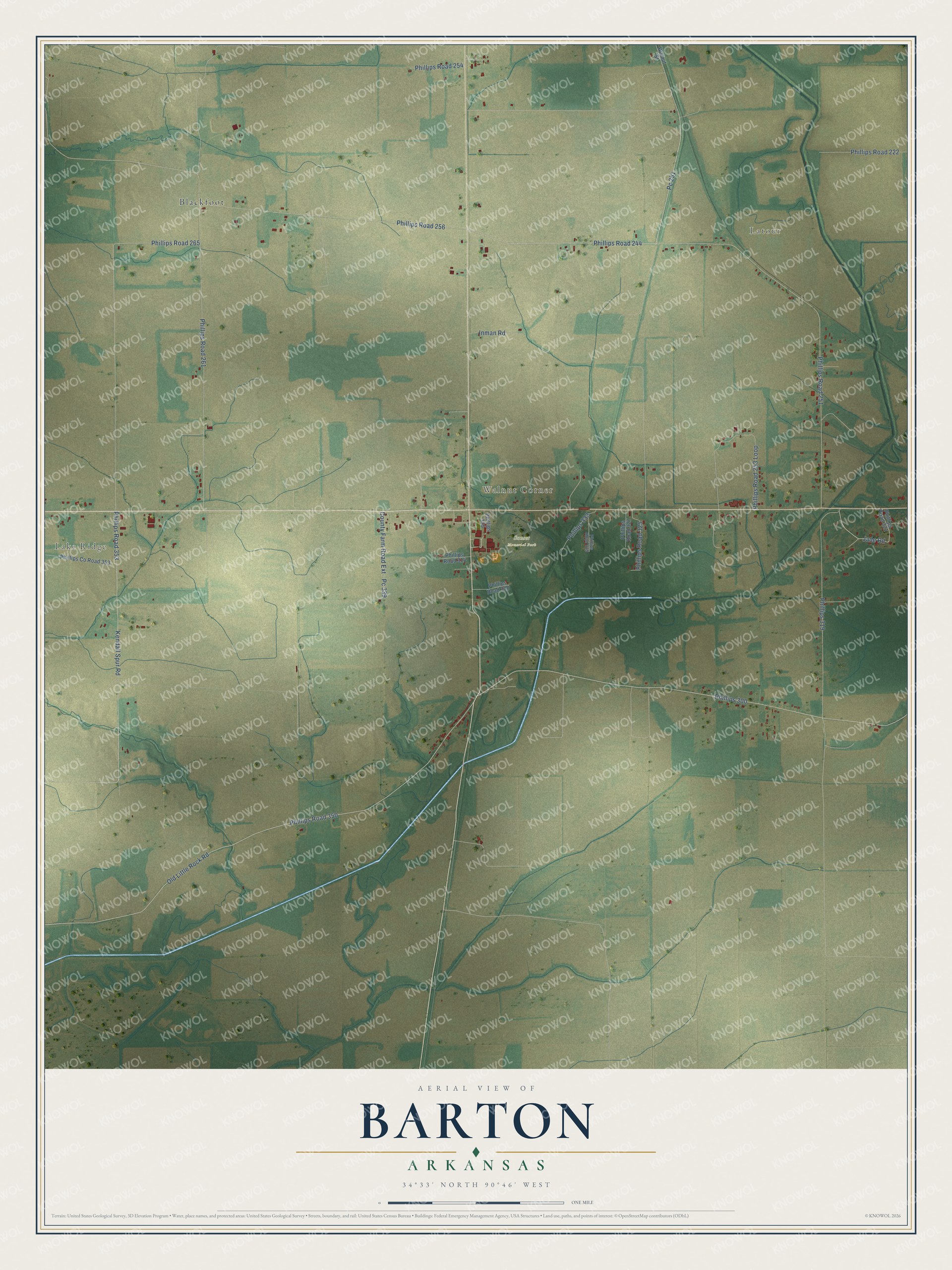 Full map of Barton, Arkansas, with red buildings, printed street names and the land around them