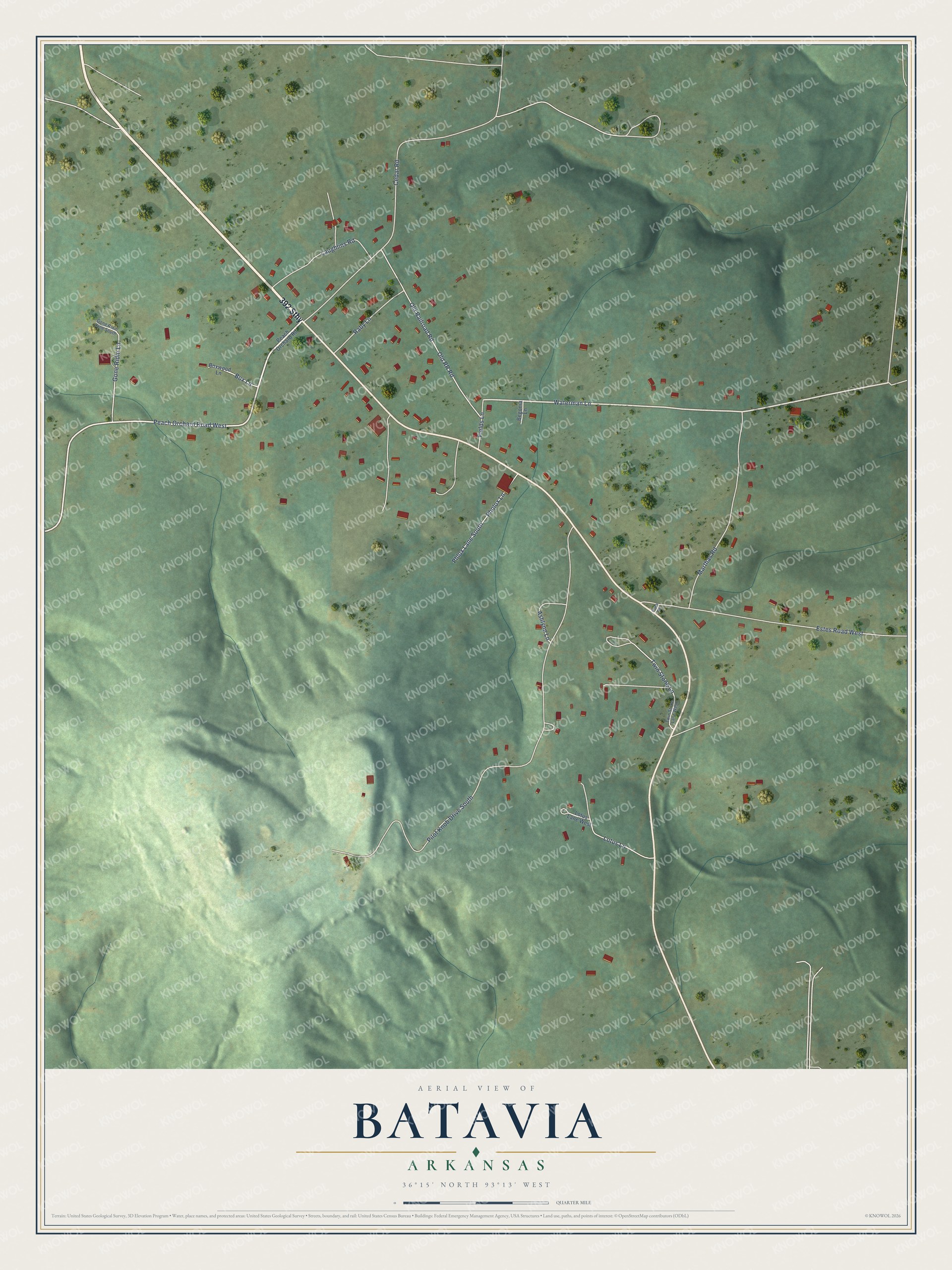 Full map of Batavia, Arkansas, with red buildings, printed street names and the land around them