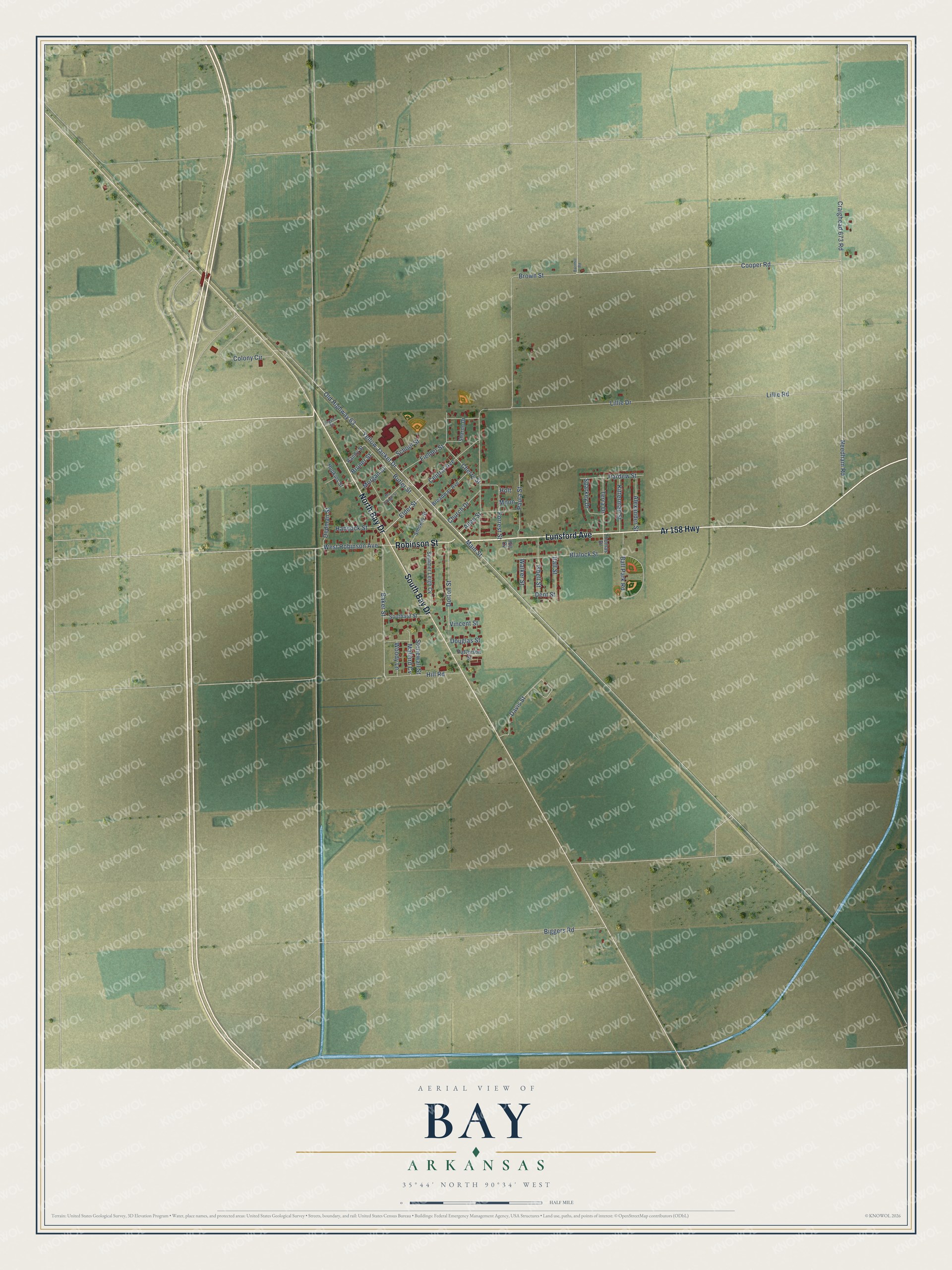 Full map of Bay, Arkansas, with red buildings, printed street names and the land around them