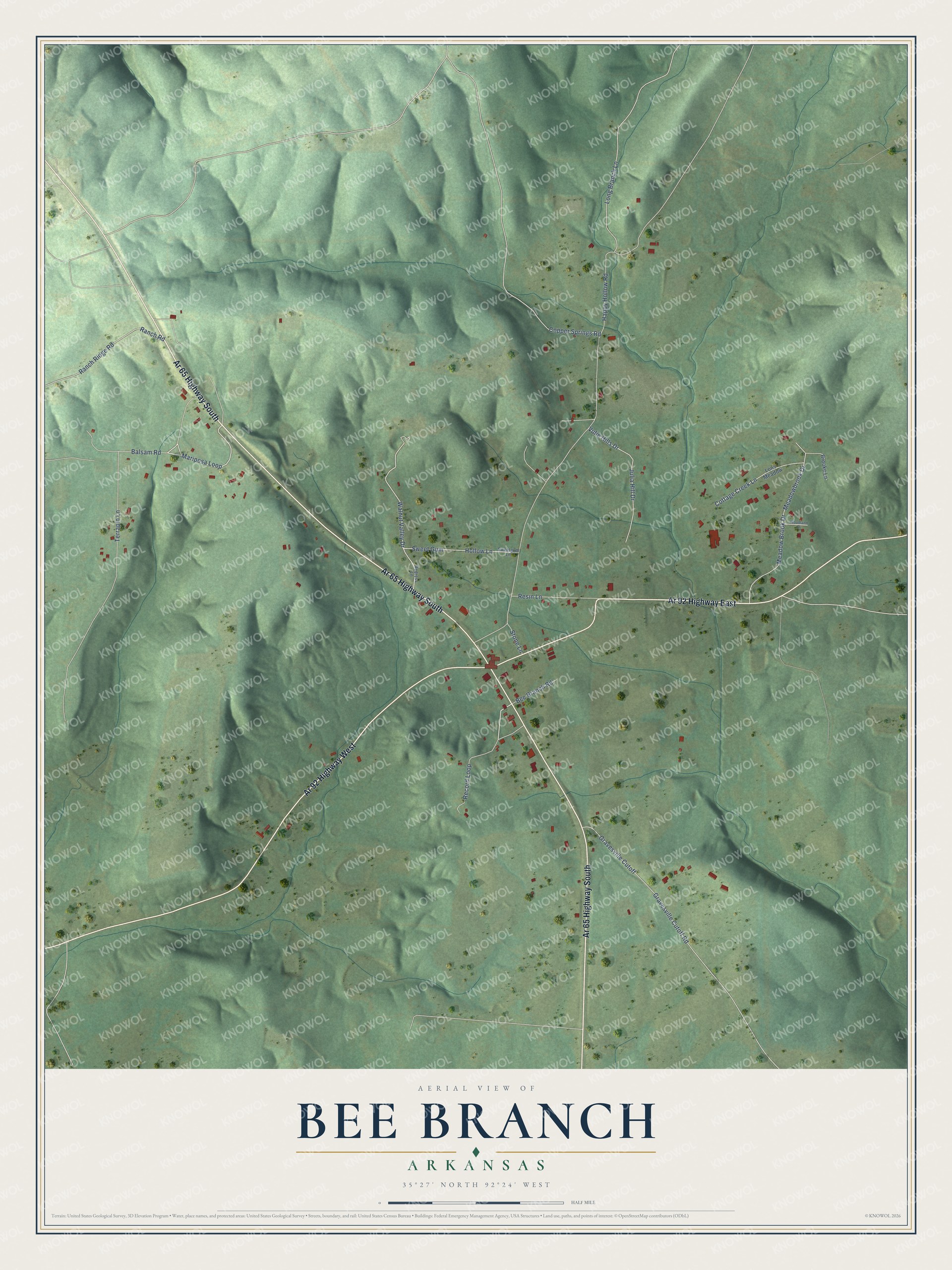 Full map of Bee Branch, Arkansas, with red buildings, printed street names and the land around them