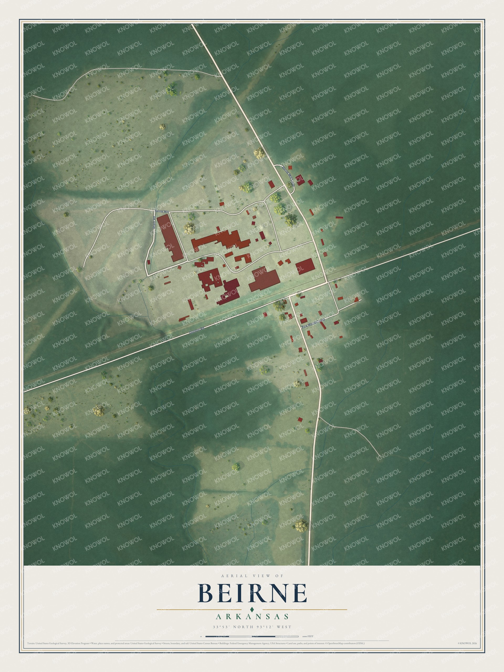 Full map of Beirne, Arkansas, with red buildings, printed street names and the land around them