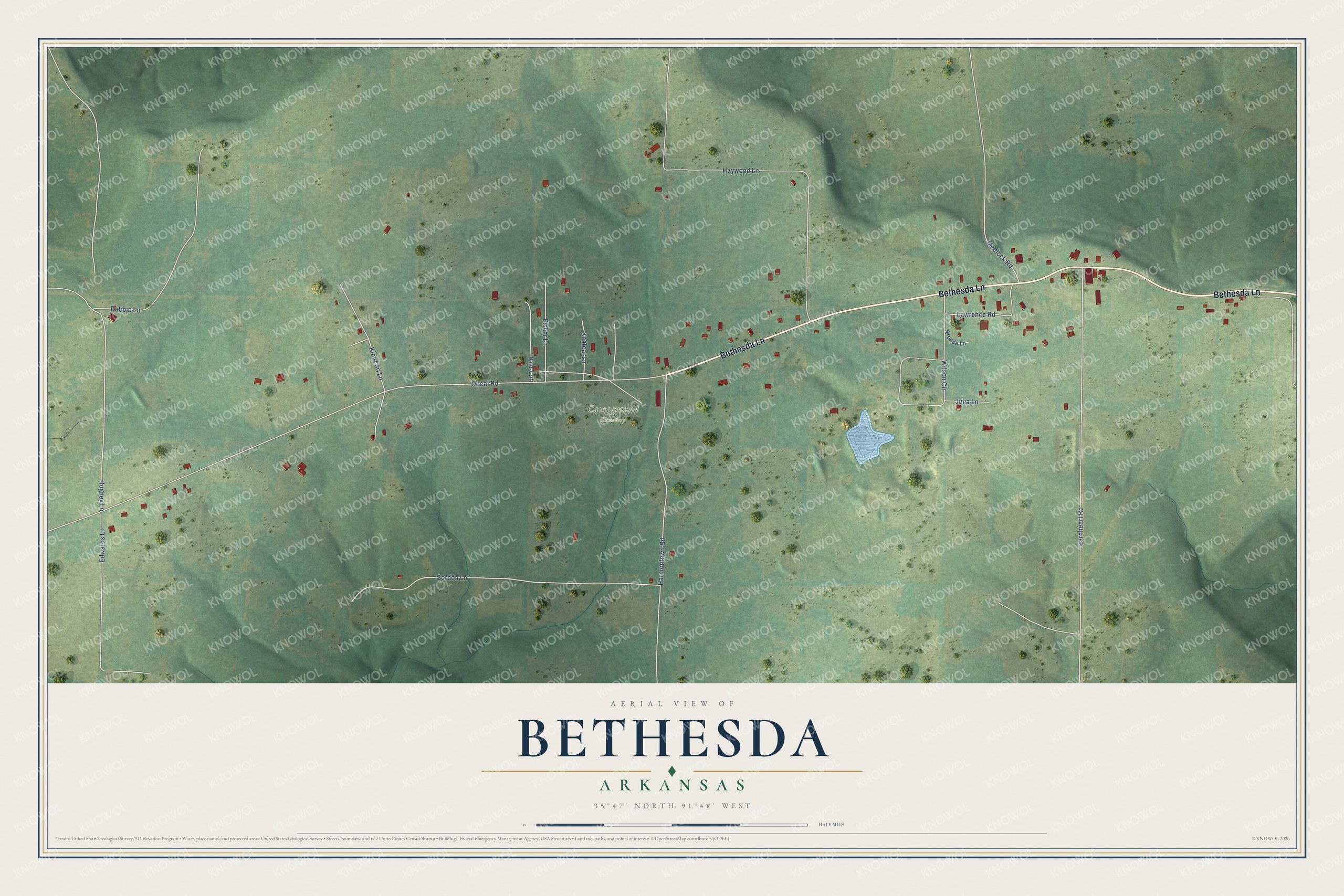 Full map of Bethesda, Arkansas, with red buildings, printed street names and the land around them