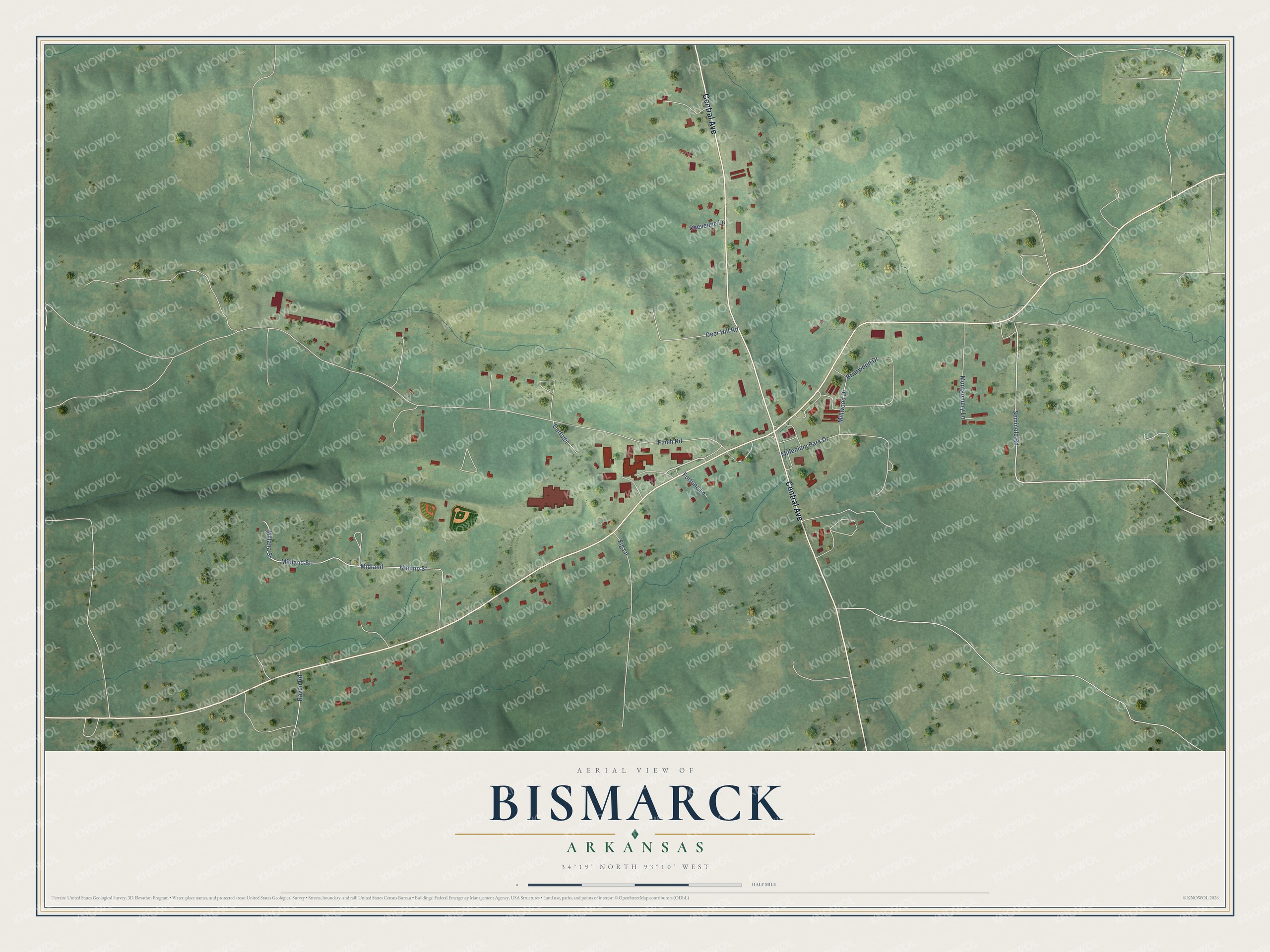 Full map of Bismarck, Arkansas, with red buildings, printed street names and the land around them